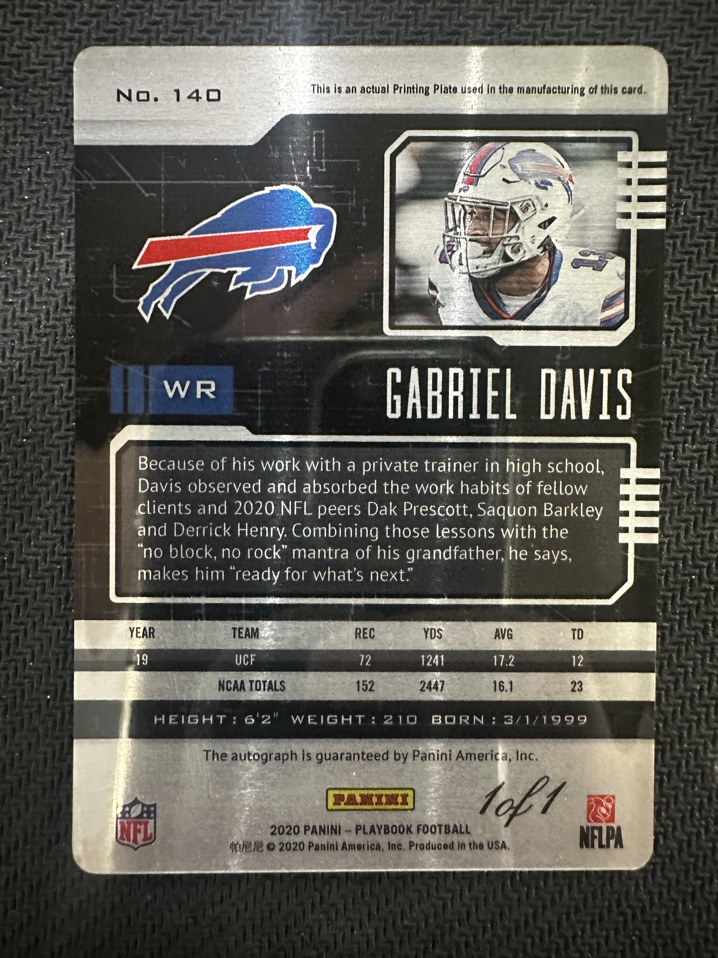 #140 Gabriel Davis 2020 Panini Playbook Auto /1 Bills Signatures Printing Plate