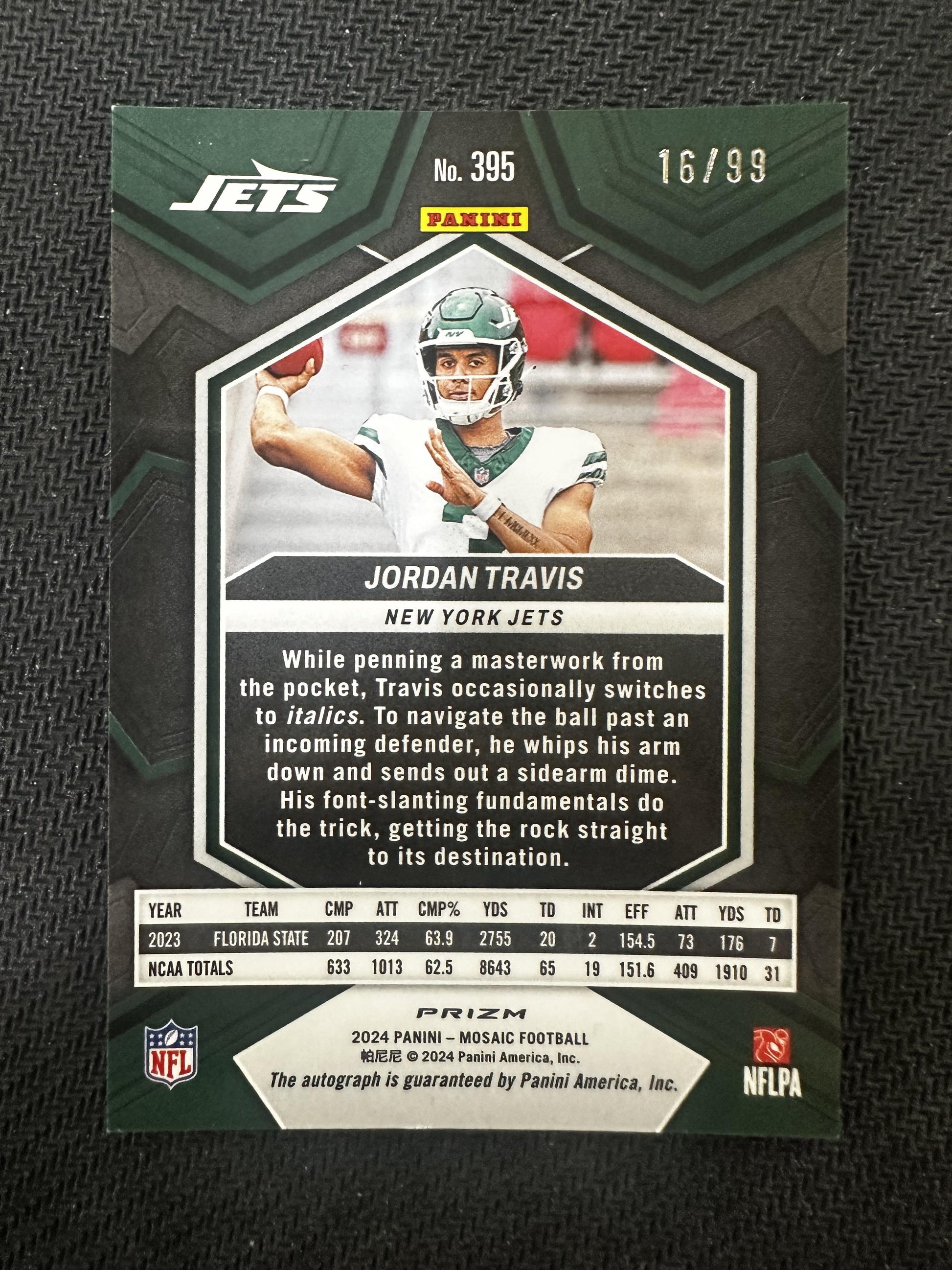 #395 Jordan Travis 2024 Panini Mosaic SN,AU Auto #/99 Jets Rookie Auto Blue