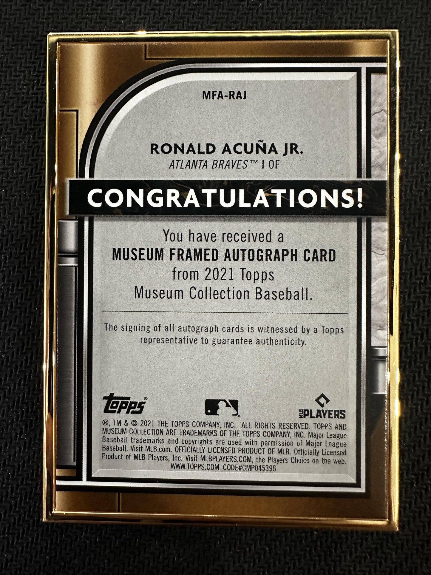 #MFA-RAJ Ronald Acuña Jr. 2021 Topps Museum Collection /10 Framed Auto Gold