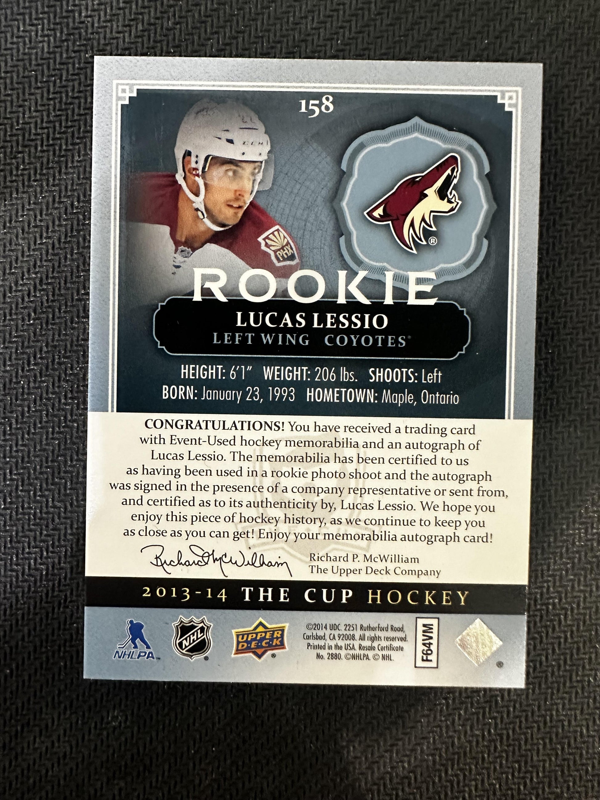 #158 Lucas Lessio 2013-14 Upper Deck The Cup Auto /22 Coyotes Gold