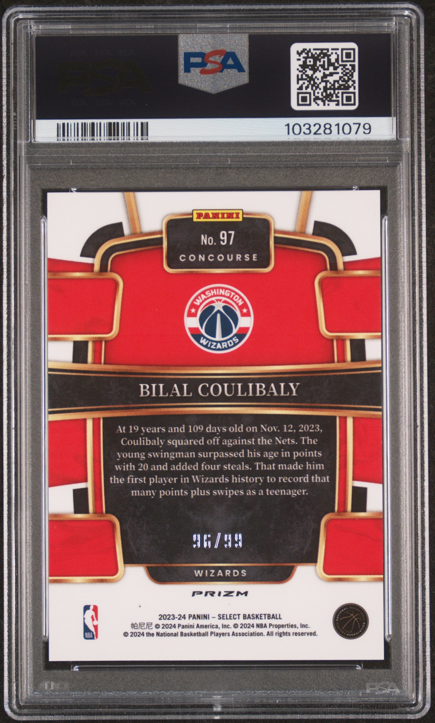 #97 Bilal Coulibaly 2023 Panini Select 9 MT sports Pink Cracked Ice