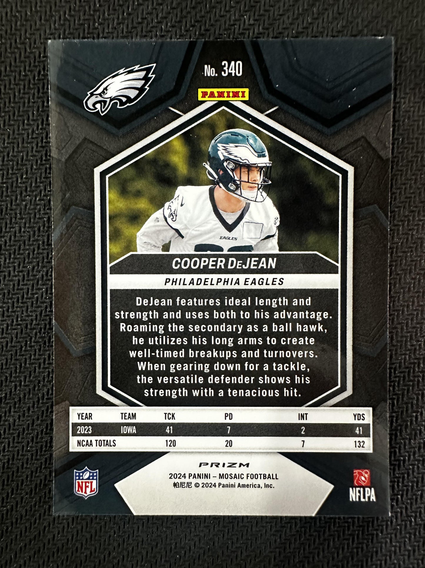 #340 Cooper DeJean 2024 Panini Mosaic Eagles Mosaic Choice Red and Green