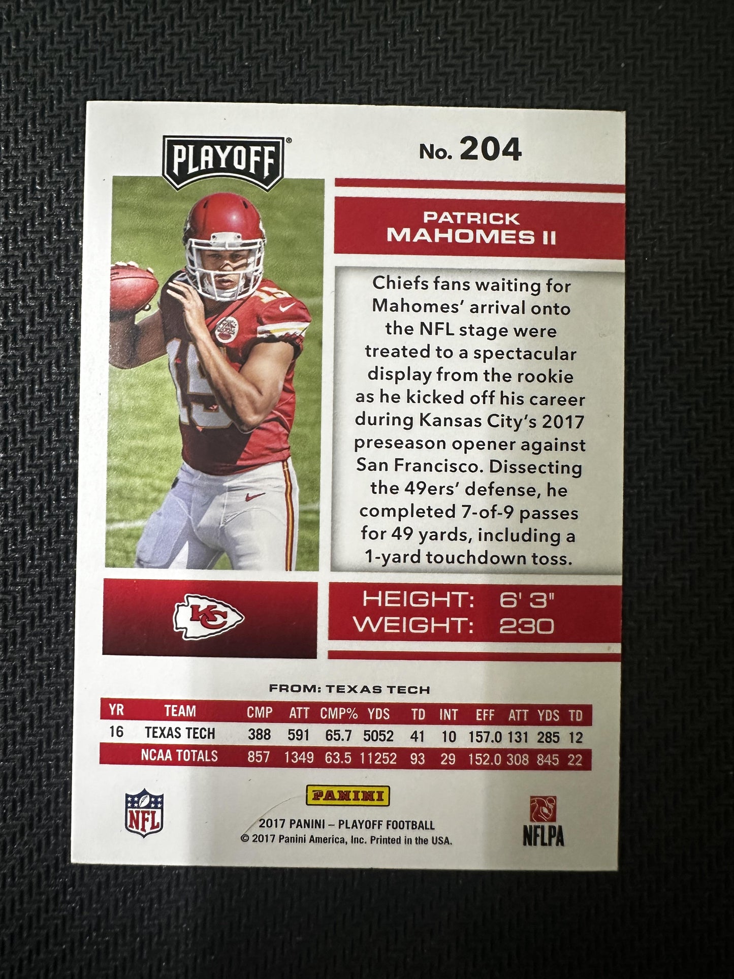 #204 Patrick Mahomes II 2017 Panini Playoff Kansas City Chiefs Goal Line