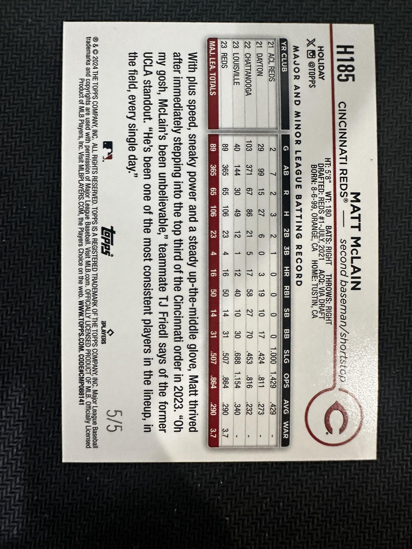 #H185 Matt McLain 2024 Topps Holiday /5 Reds Holiday Tree Green Metallic