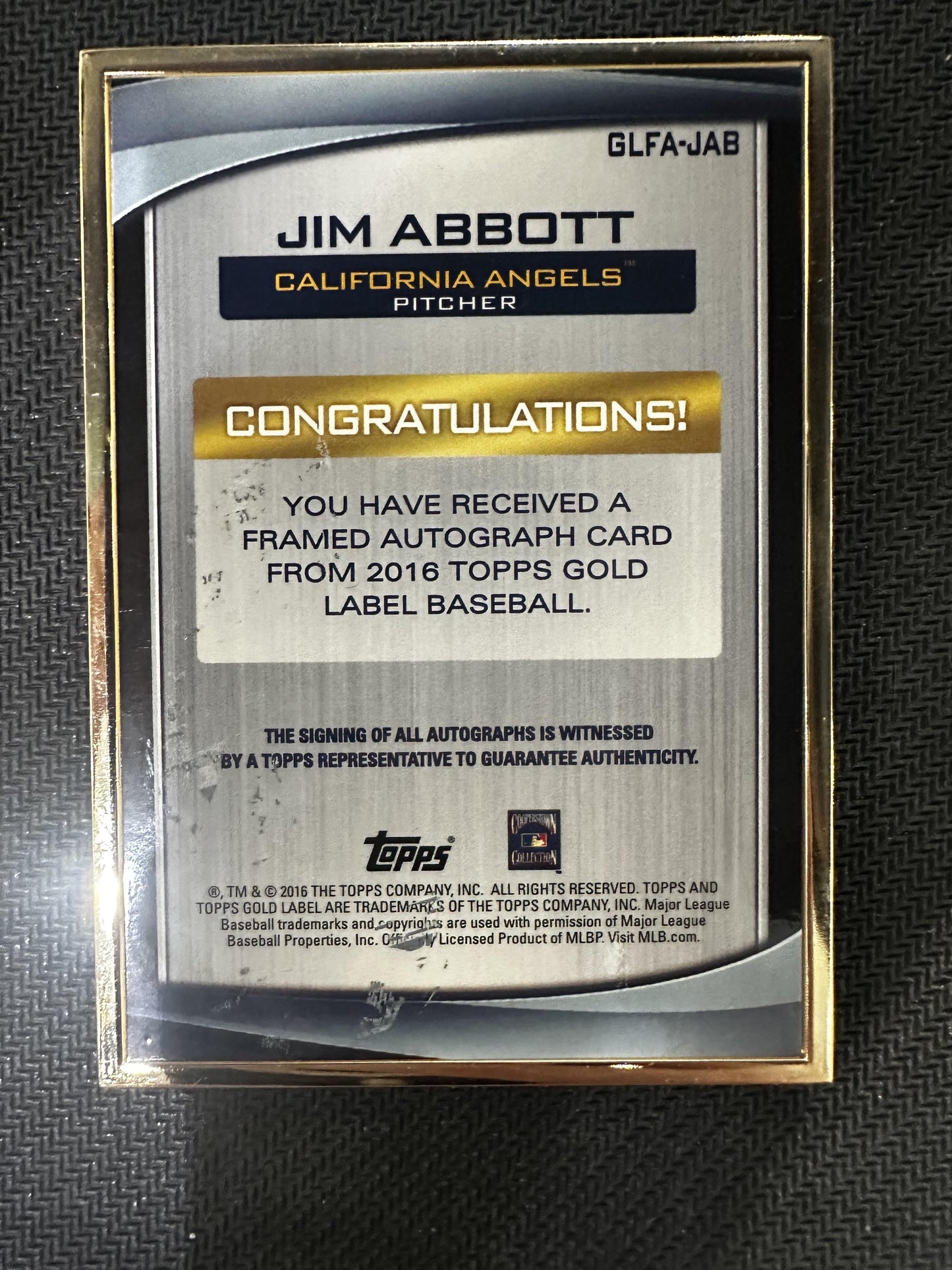 #GLFA-JAB Jim Abbott 2016 Topps Gold Label Angels Gold Framed Auto