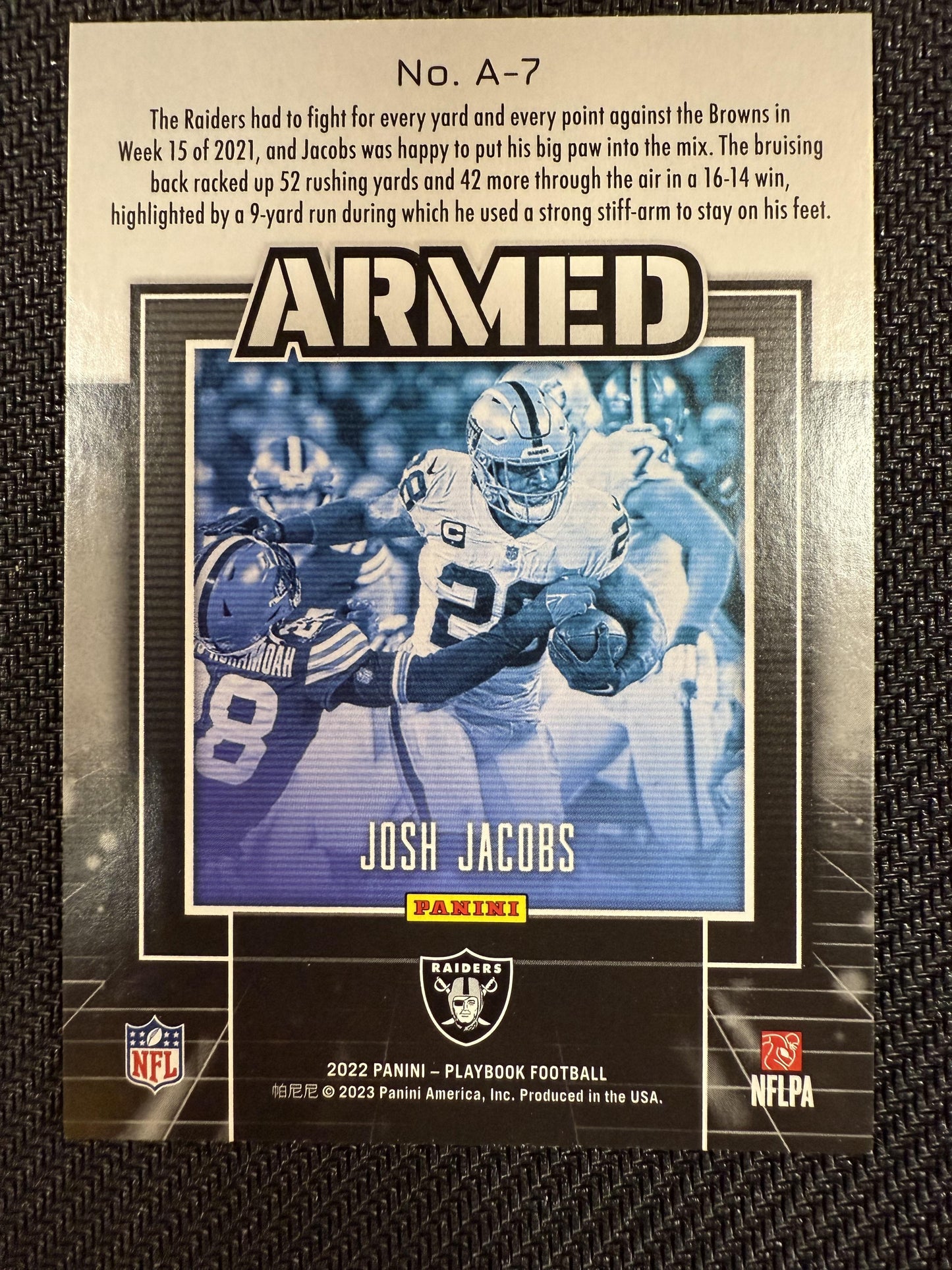 #A-7 Josh Jacobs 2022 Panini Playbook Las Vegas Raiders sports Armed
