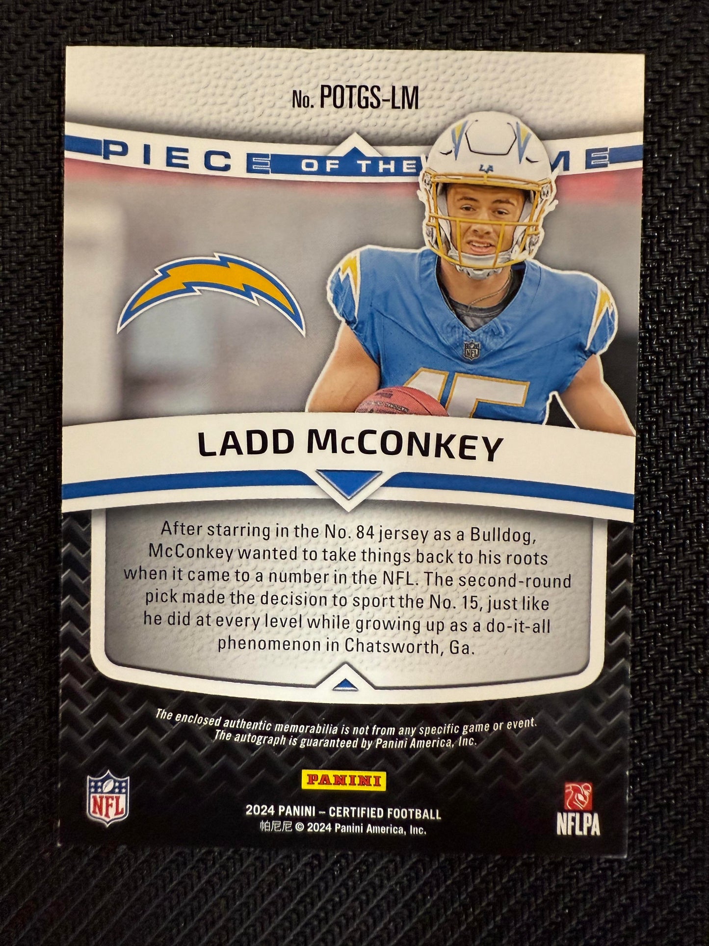 #POTGS-LM Ladd McConkey 2024 Panini Certified Auto /99 Piece of the Game Red