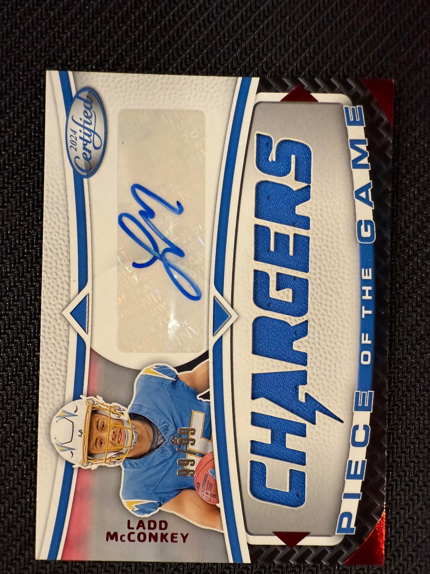 #POTGS-LM Ladd McConkey 2024 Panini Certified Auto /99 Piece of the Game Red