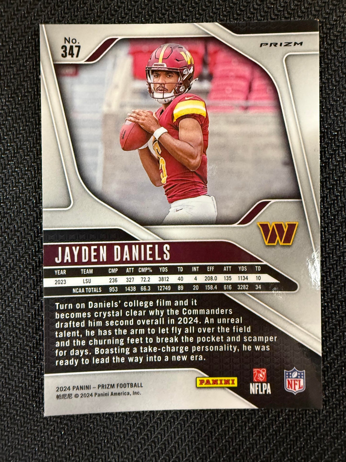 #347 Jayden Daniels 2024 Panini Prizm RC Rookie Commanders Red White and Blue
