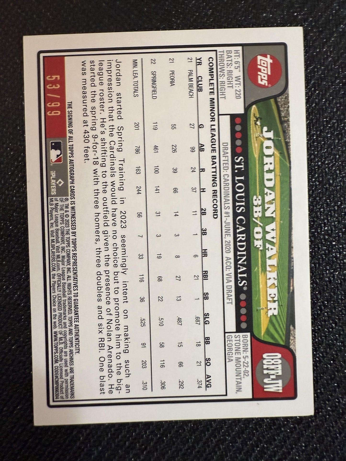 #08FF-JW Jordan Walker 2023 Topps Archives /99 Fan Favorites Auto Green