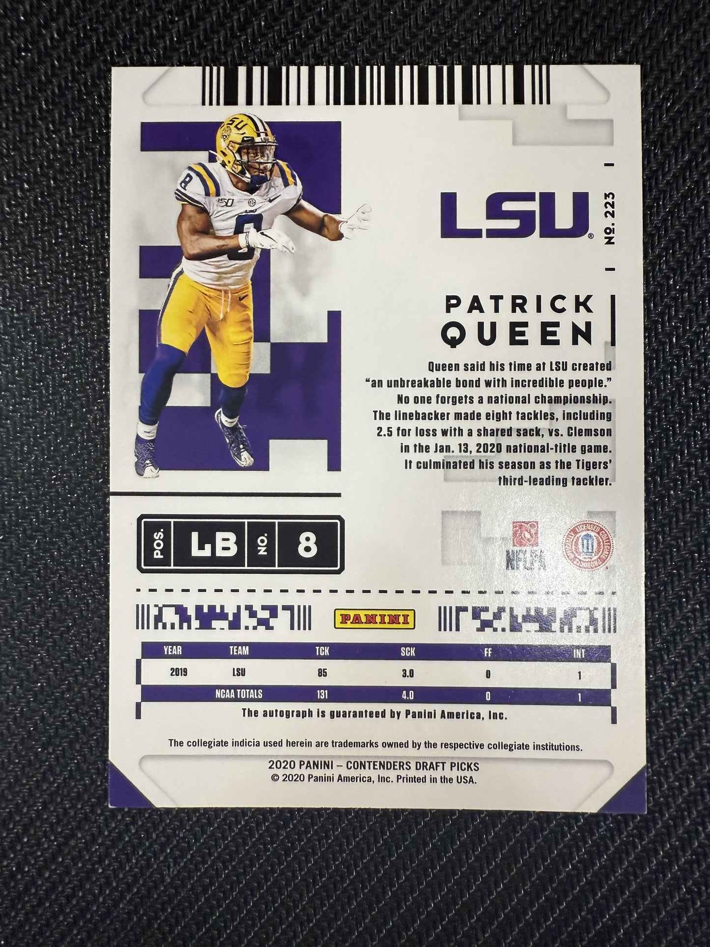 #223 Patrick Queen 2020 Panini Contenders Draft Picks Auto /15 Tigers Diamond