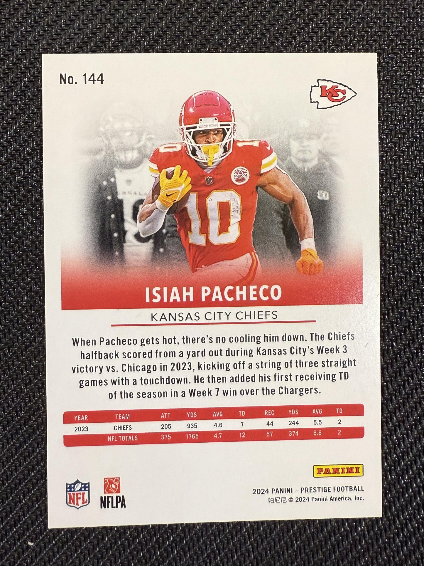 #144 Isiah Pacheco 2024 Panini Prestige SN #/10 Chiefs Platinum Xtra Points