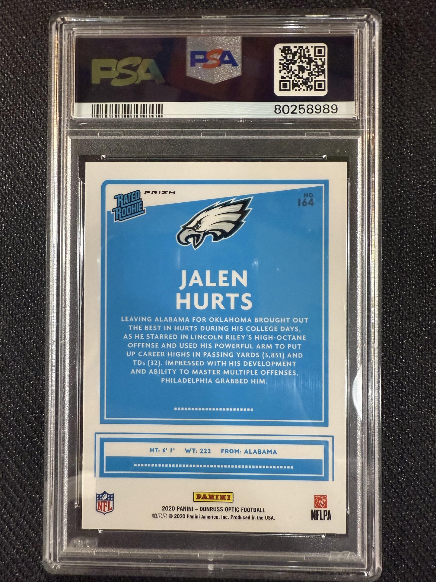 #164 Jalen Hurts 2020 Donruss Optic RC Rookie Philadelphia Eagles Blue Hyper