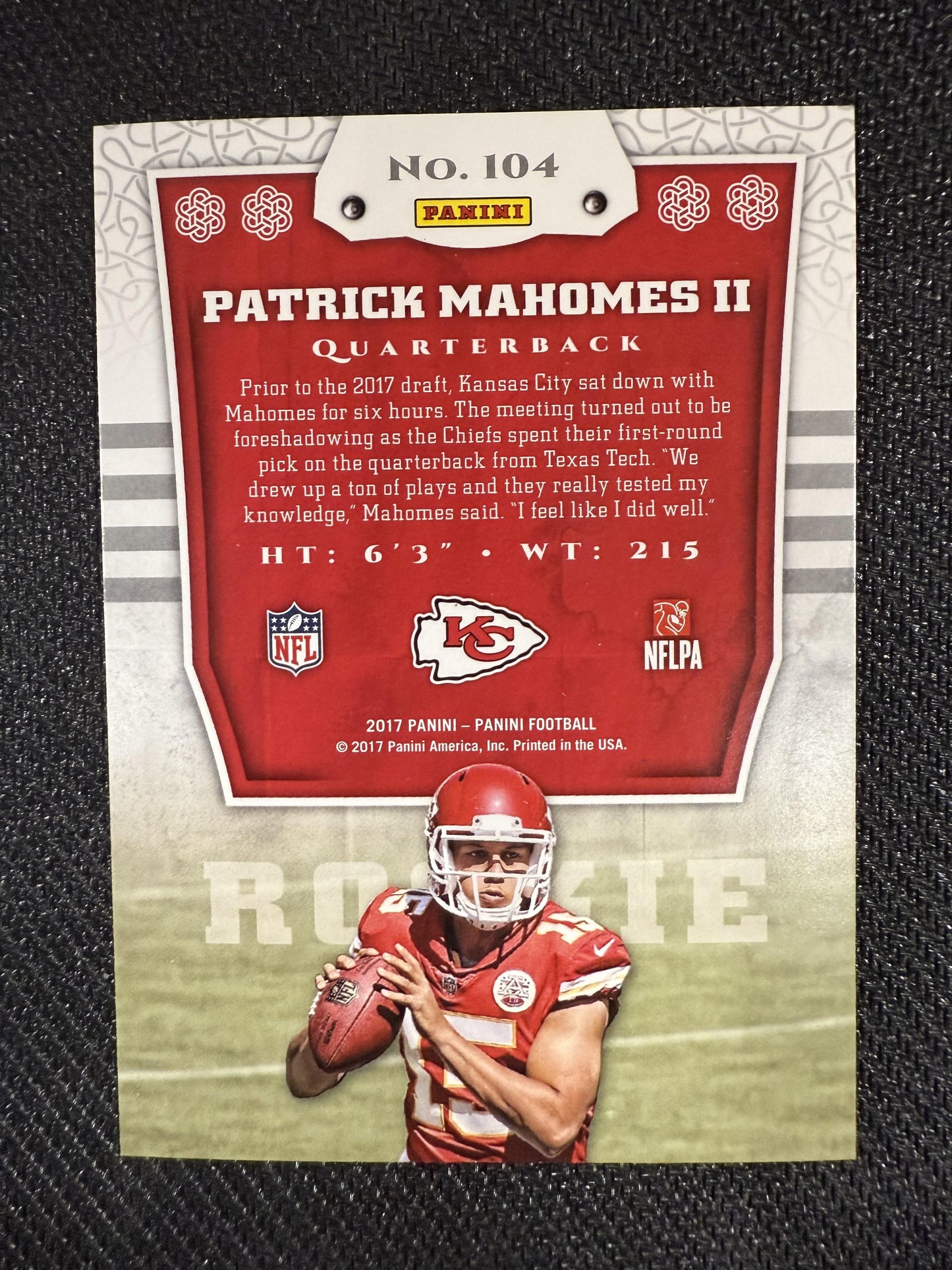 #104 Patrick Mahomes II 2017 Panini RC Rookie Kansas City Chiefs sports