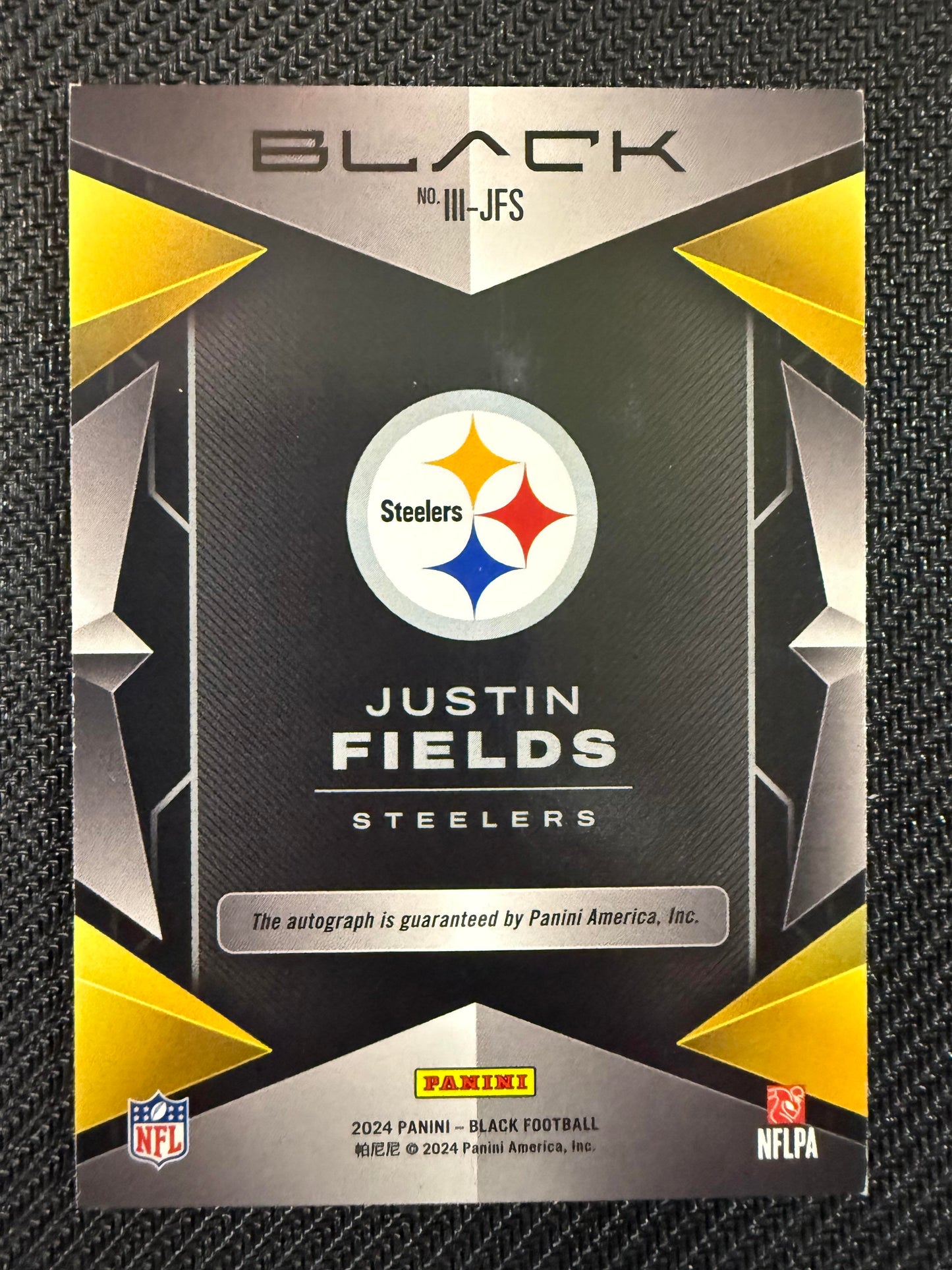#III-JFS Justin Fields 2024 Panini Black Auto /149 Steelers Instant Impact Ink