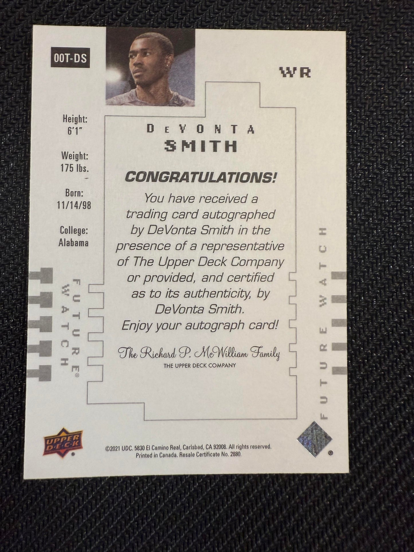 #00T-DS DeVonta Smith 2021 Upper Deck Goodwin Champions /299 SP Authentic Auto