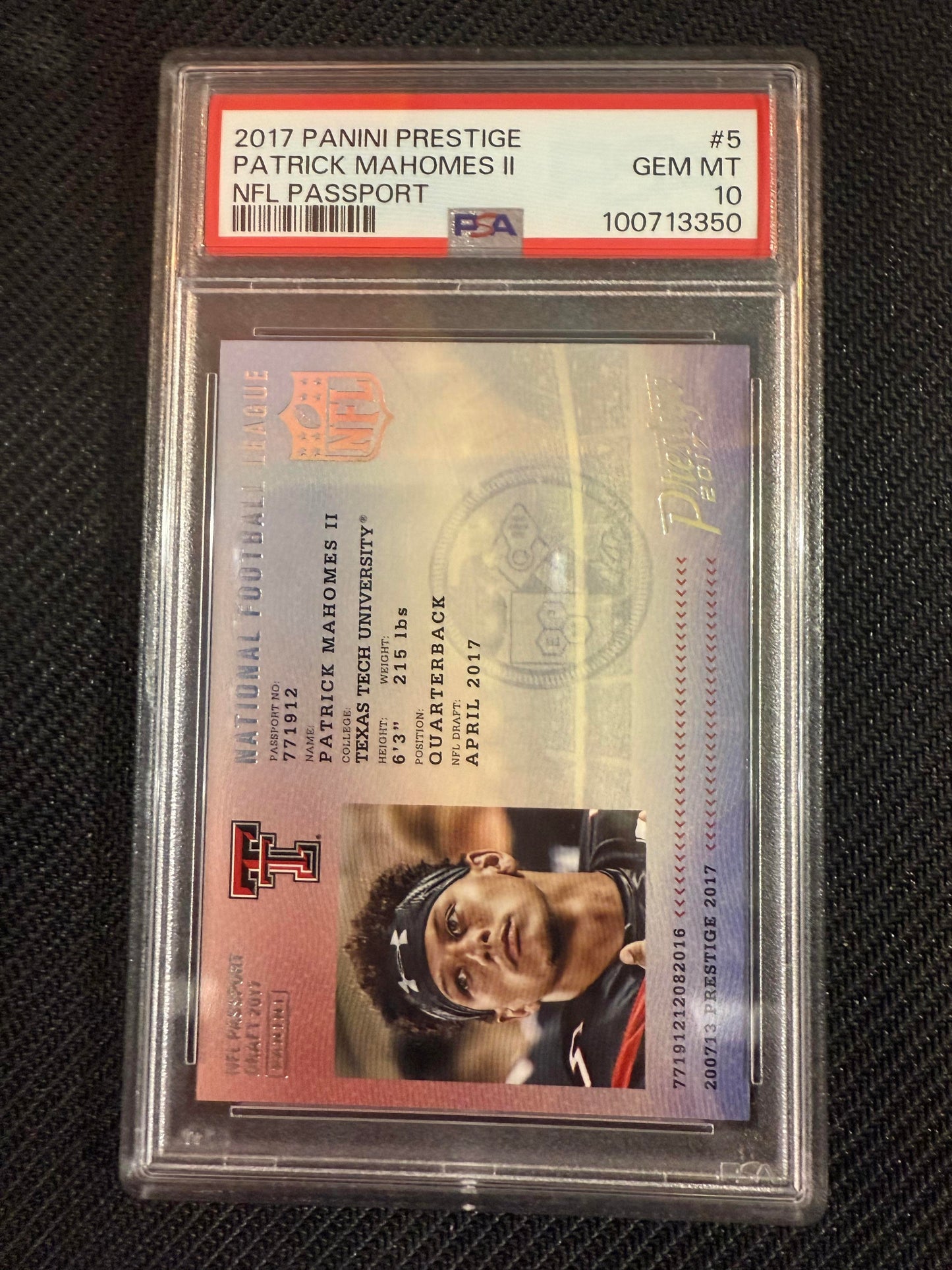 #5 Patrick Mahomes II 2017 Panini Prestige Texas Tech Red Raiders NFL Passport