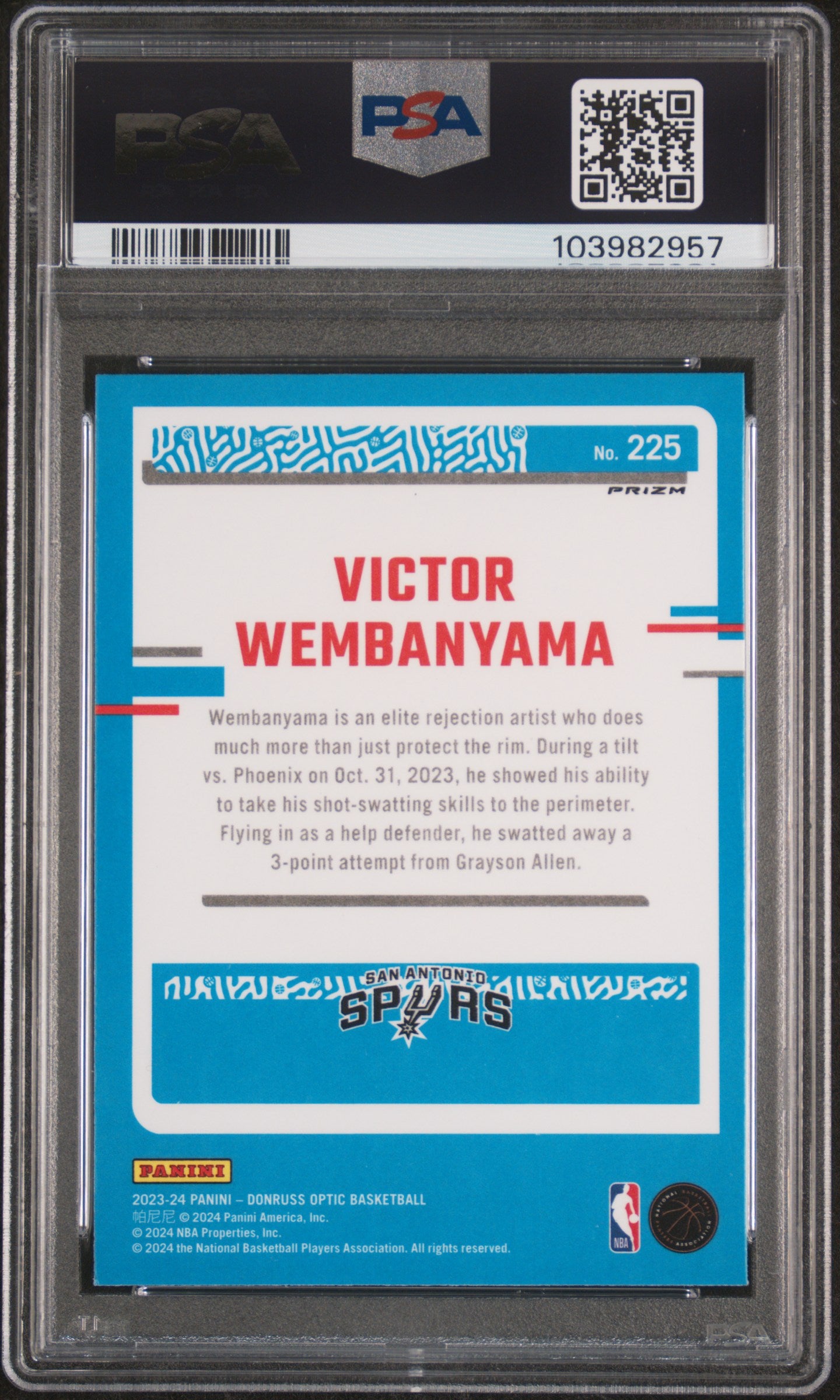 #225 Victor Wembanyama 2023 Panini Donruss Optic 9 Holo