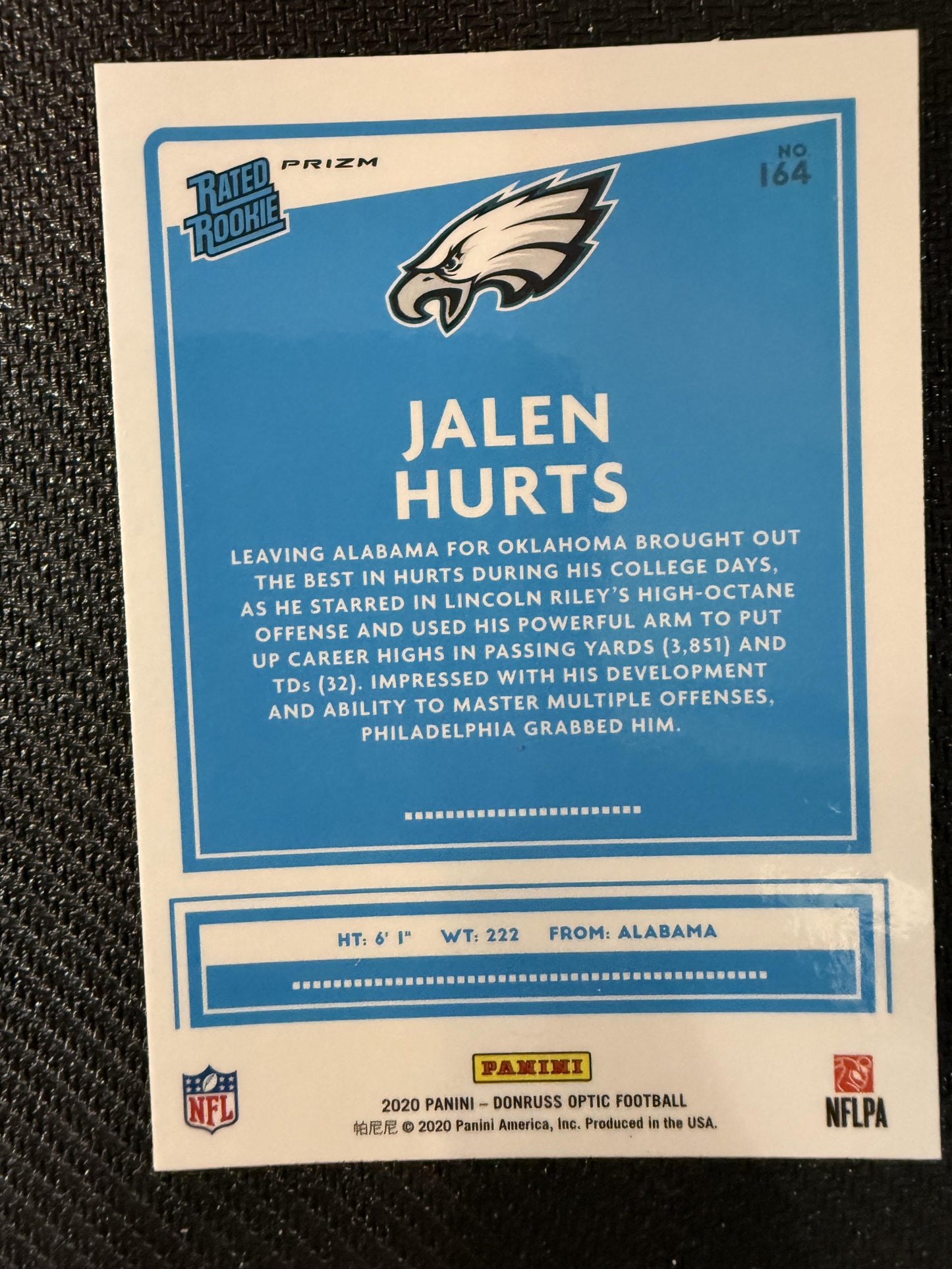 #164 Jalen Hurts 2020 Donruss Optic RC Rookie Philadelphia Eagles sports Bronze