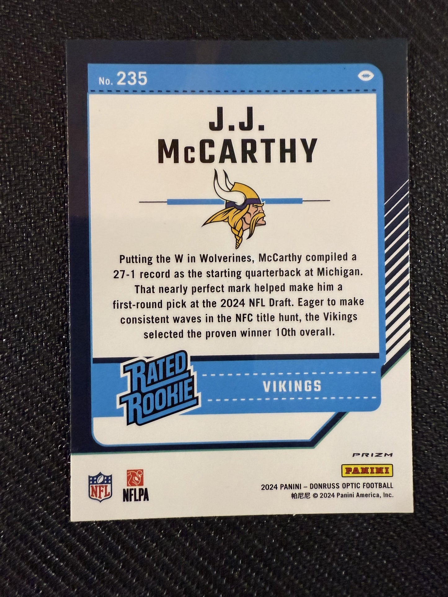 #235 J.J. McCarthy 2024 Donruss Optic Minnesota Vikings sports Purple Shock