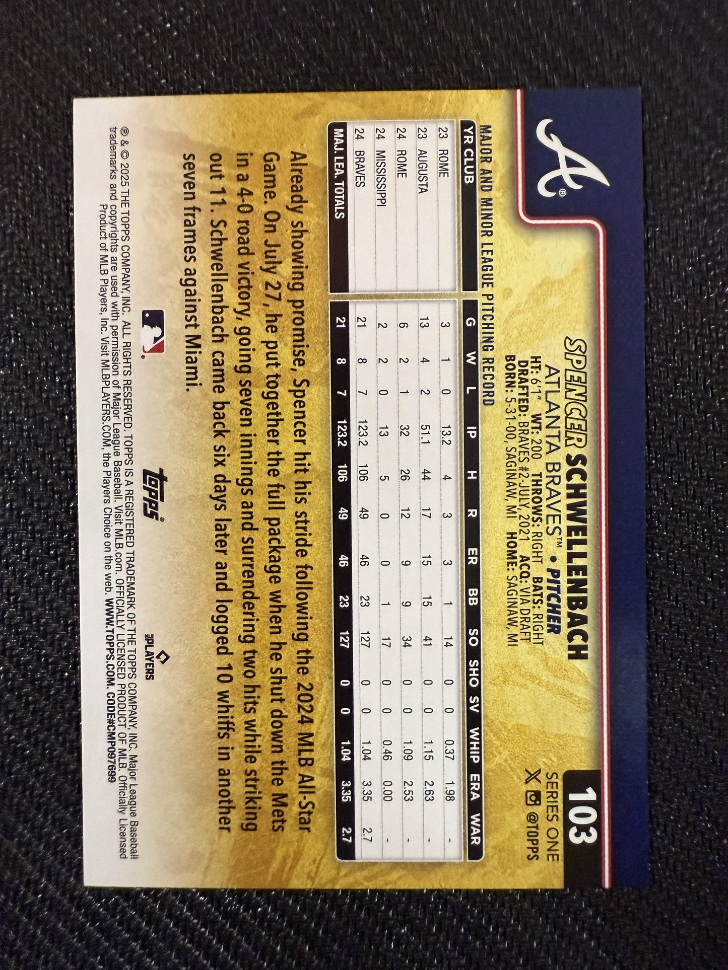 #103 Spencer Schwellenbach 2025 Topps Atlanta Braves Golden Mirror Variation