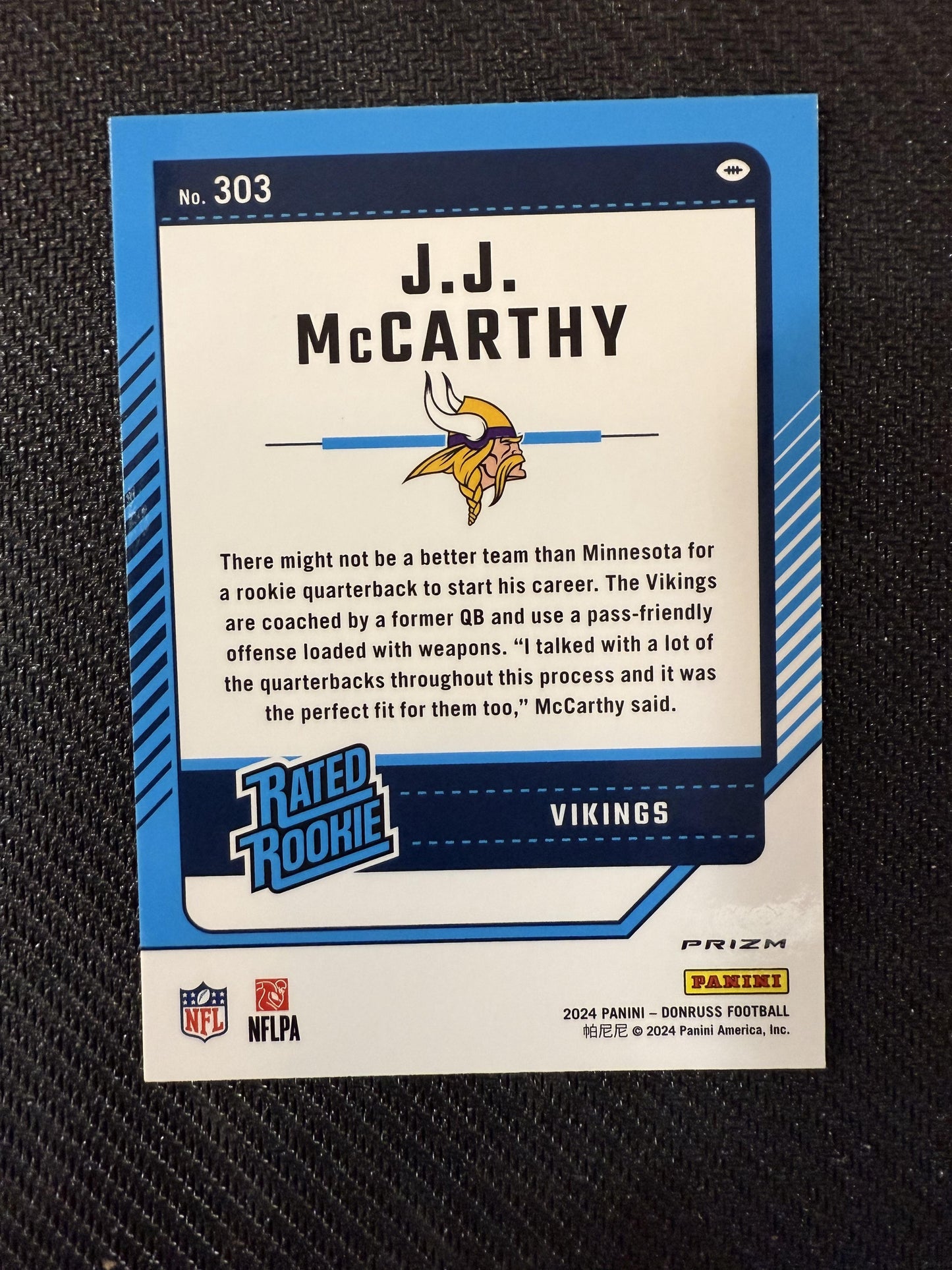 #303 J.J. McCarthy 2024 Donruss RC Rookie 0 Minnesota Vikings Optic Red Wave