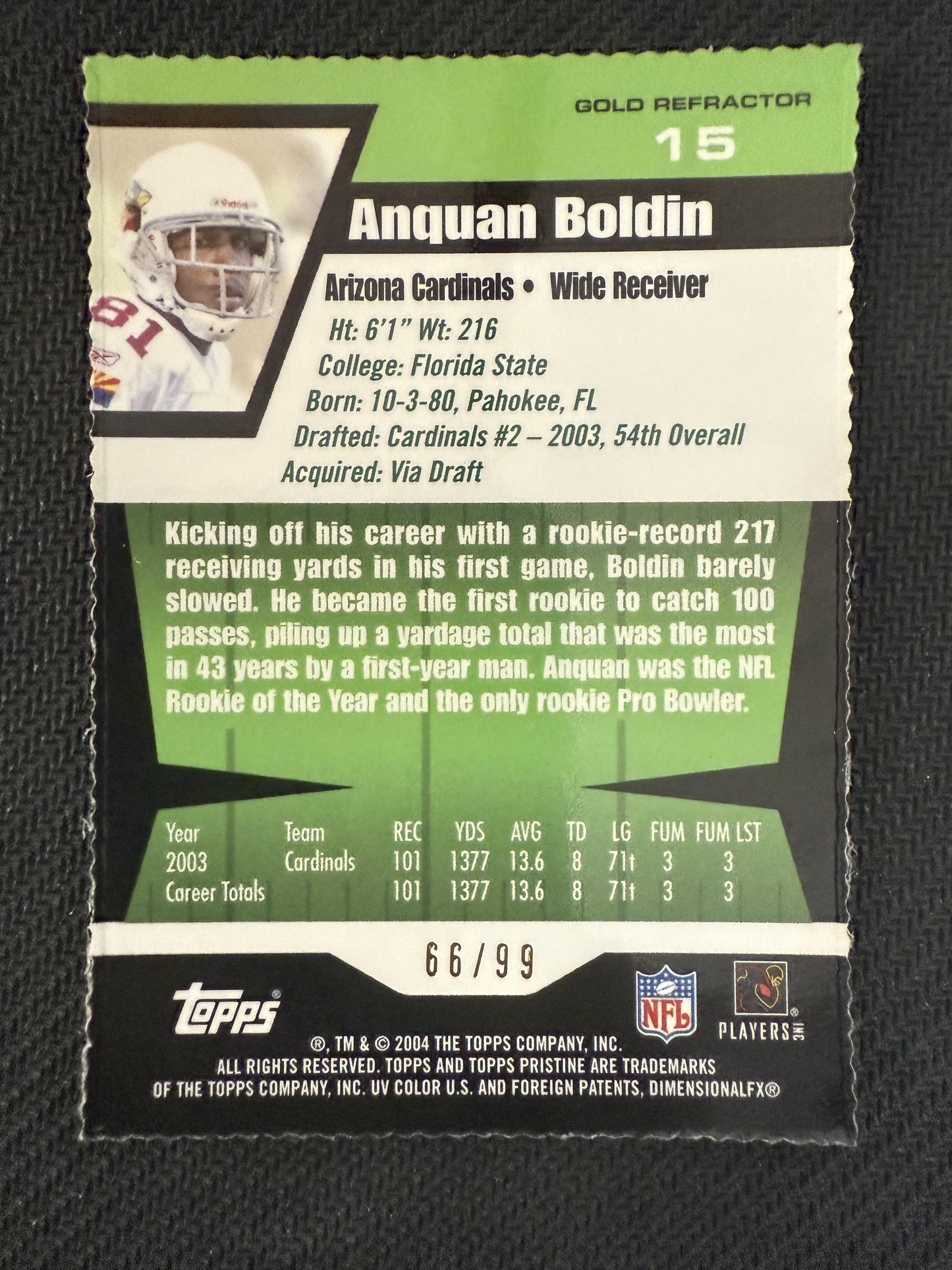 #15 Anquan Boldin 2004 Topps Pristine SN #/99 Arizona Cardinals Gold Refractors