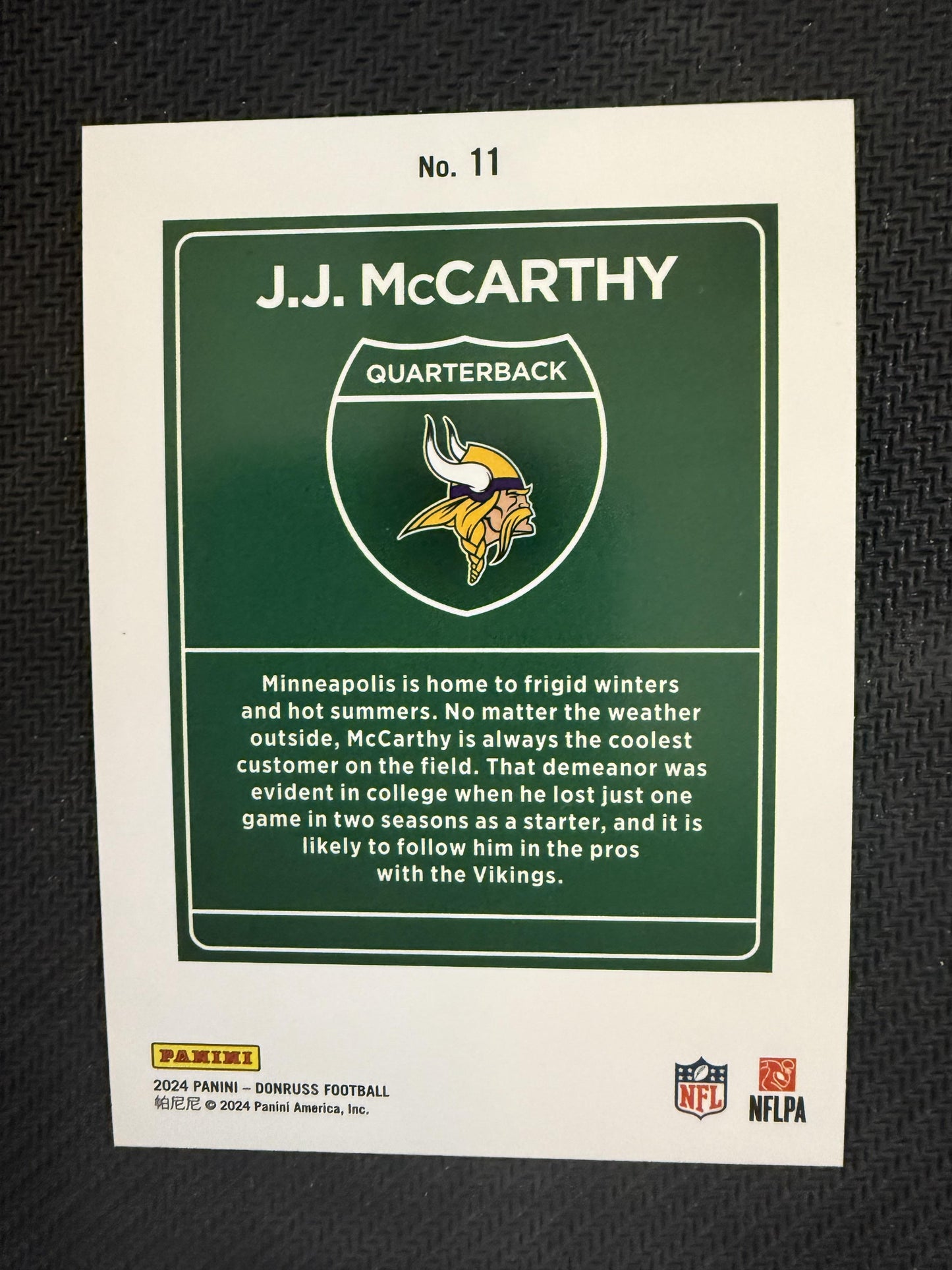 #11 J.J. McCarthy 2024 Donruss Minnesota Vikings sports Downtown! 5x7