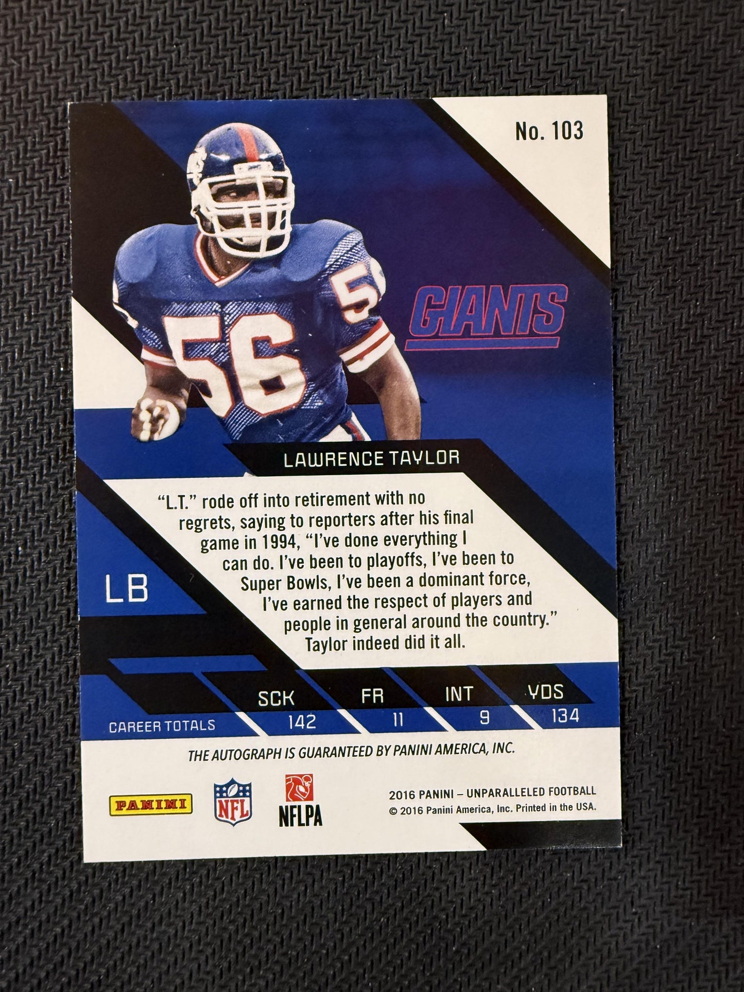 #103 Lawrence Taylor 2016 Panini Unparalleled SN,AU Auto #/49 Giants Auto Blue