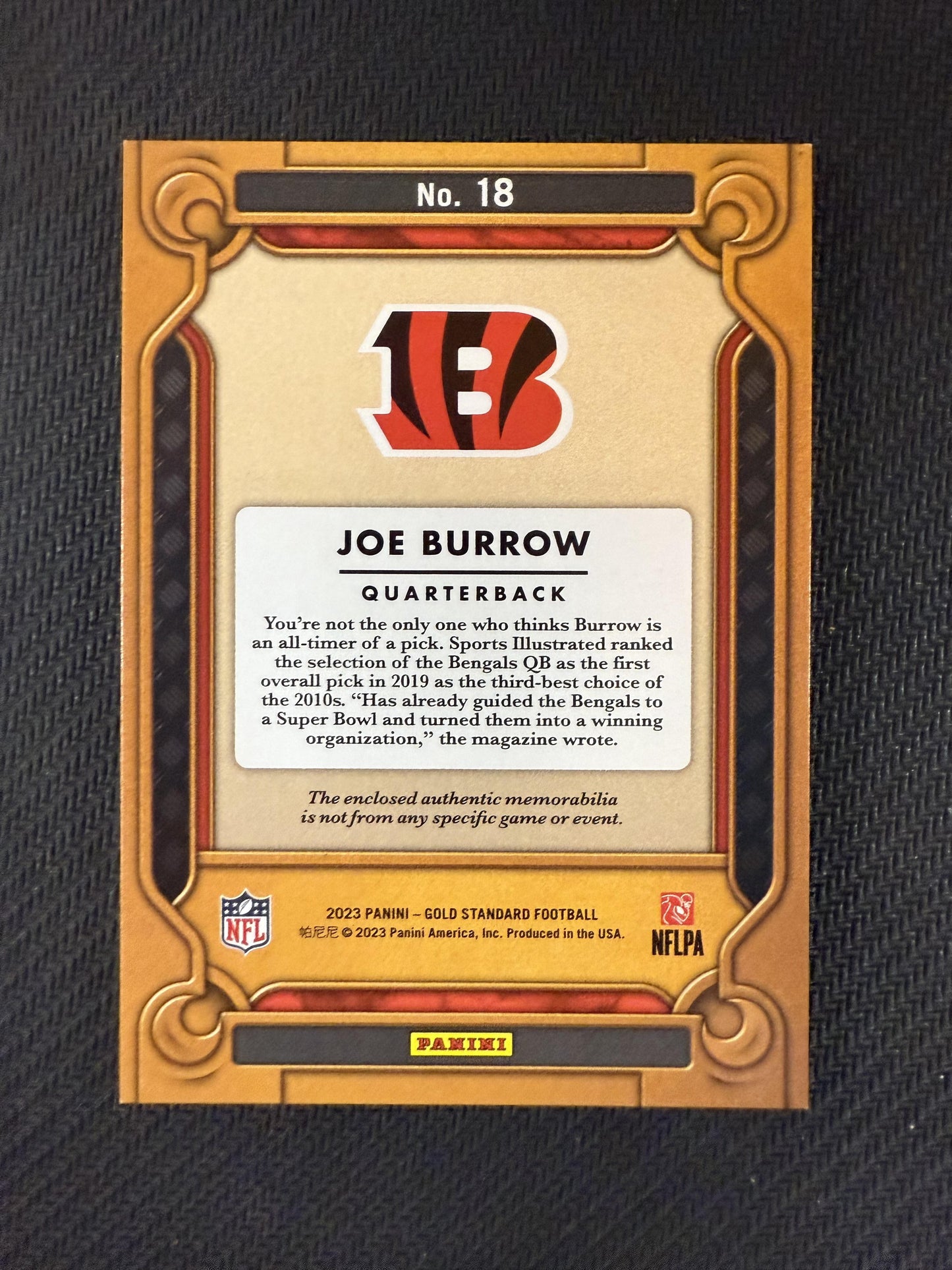 #18 Joe Burrow 2023 Panini Gold Standard /24 Heart of Gold Threads Rose Gold