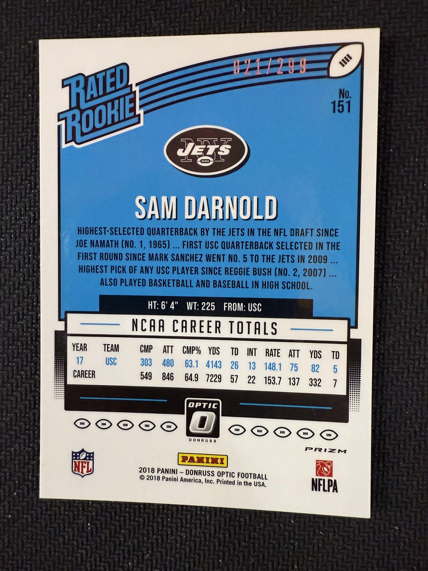 #151 Sam Darnold 2018 Donruss Optic SN,RC Rookie #/299 New York Jets sports Aqua