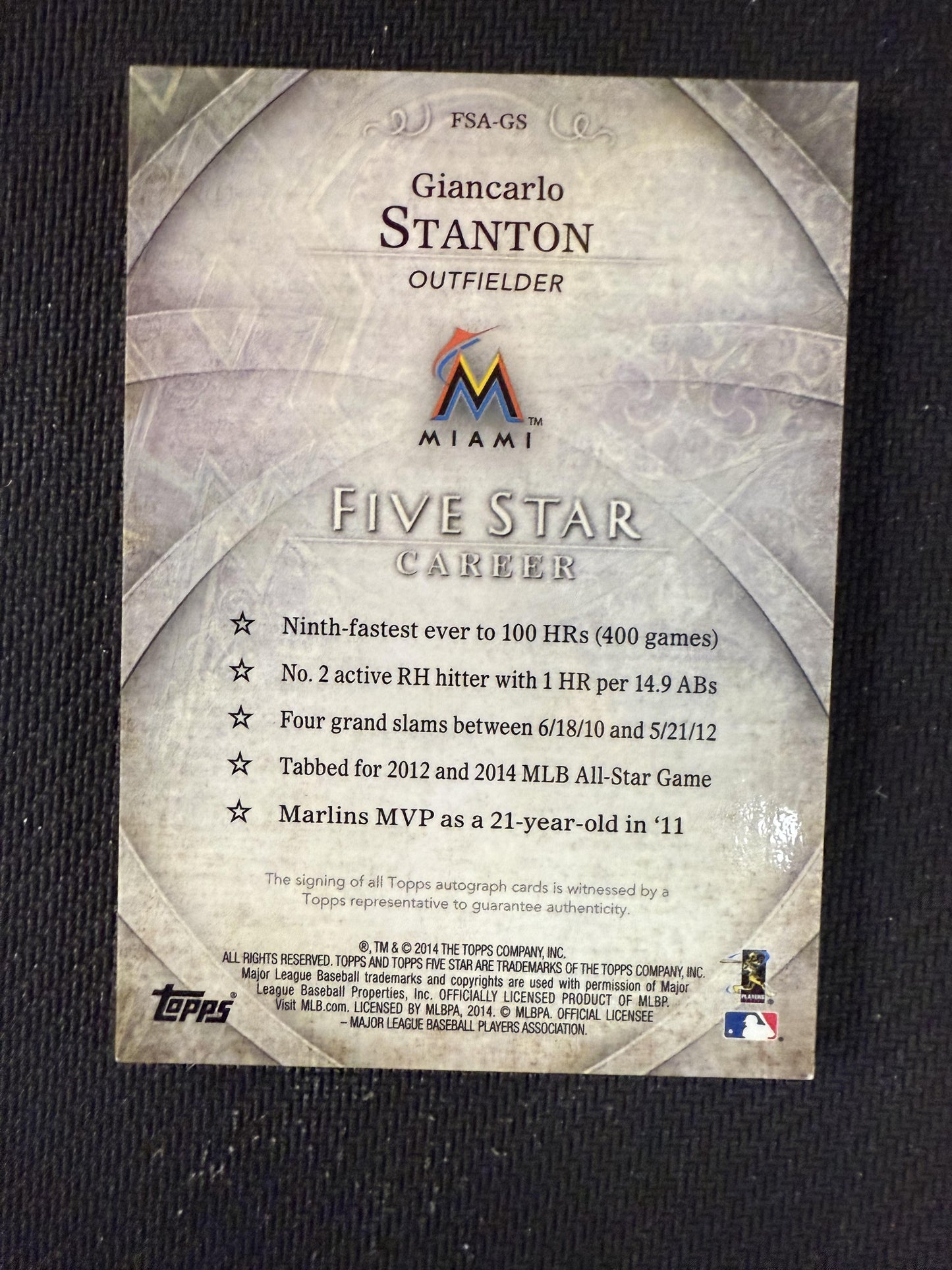 #FSA-GS Giancarlo Stanton 2014 Topps Five Star AU Auto Miami Marlins sports