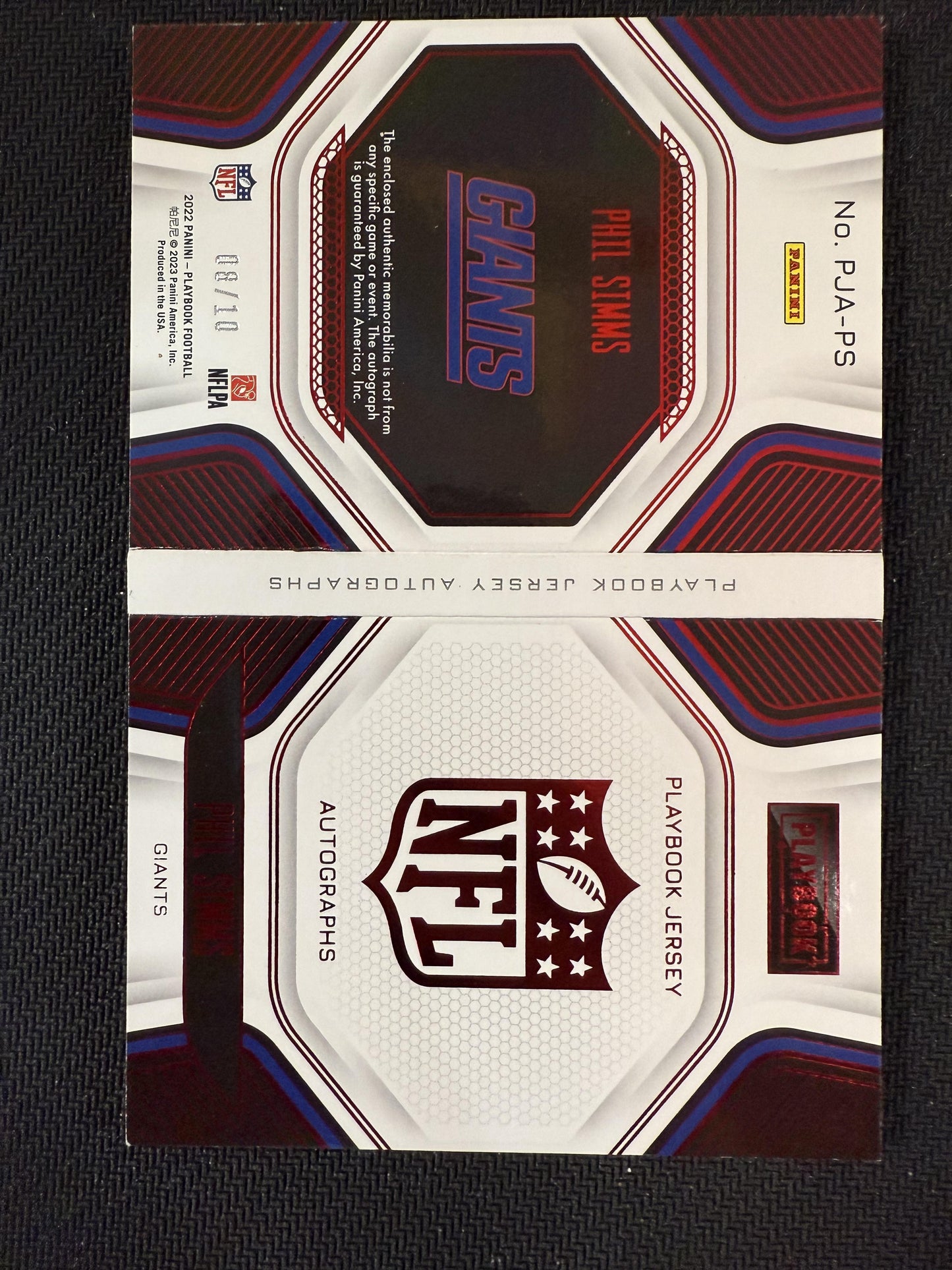 #PJA-PS Phil Simms 2022 Panini Playbook /10 Giants Playbook Jersey Auto Red