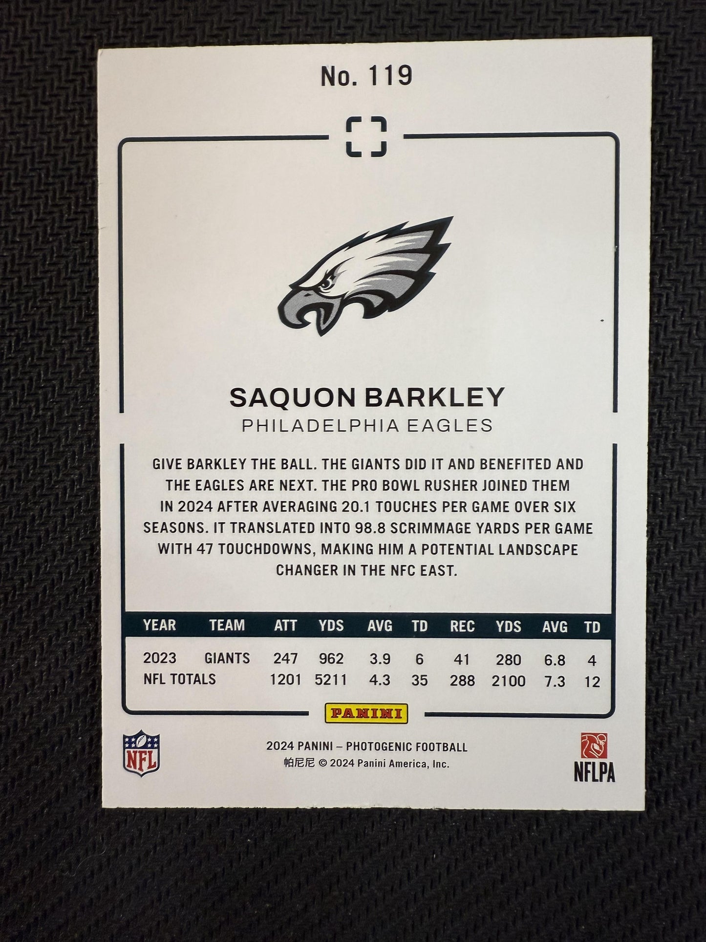 #119 Saquon Barkley 2024 Panini Photogenic SN #/49 Philadelphi Eagles Red