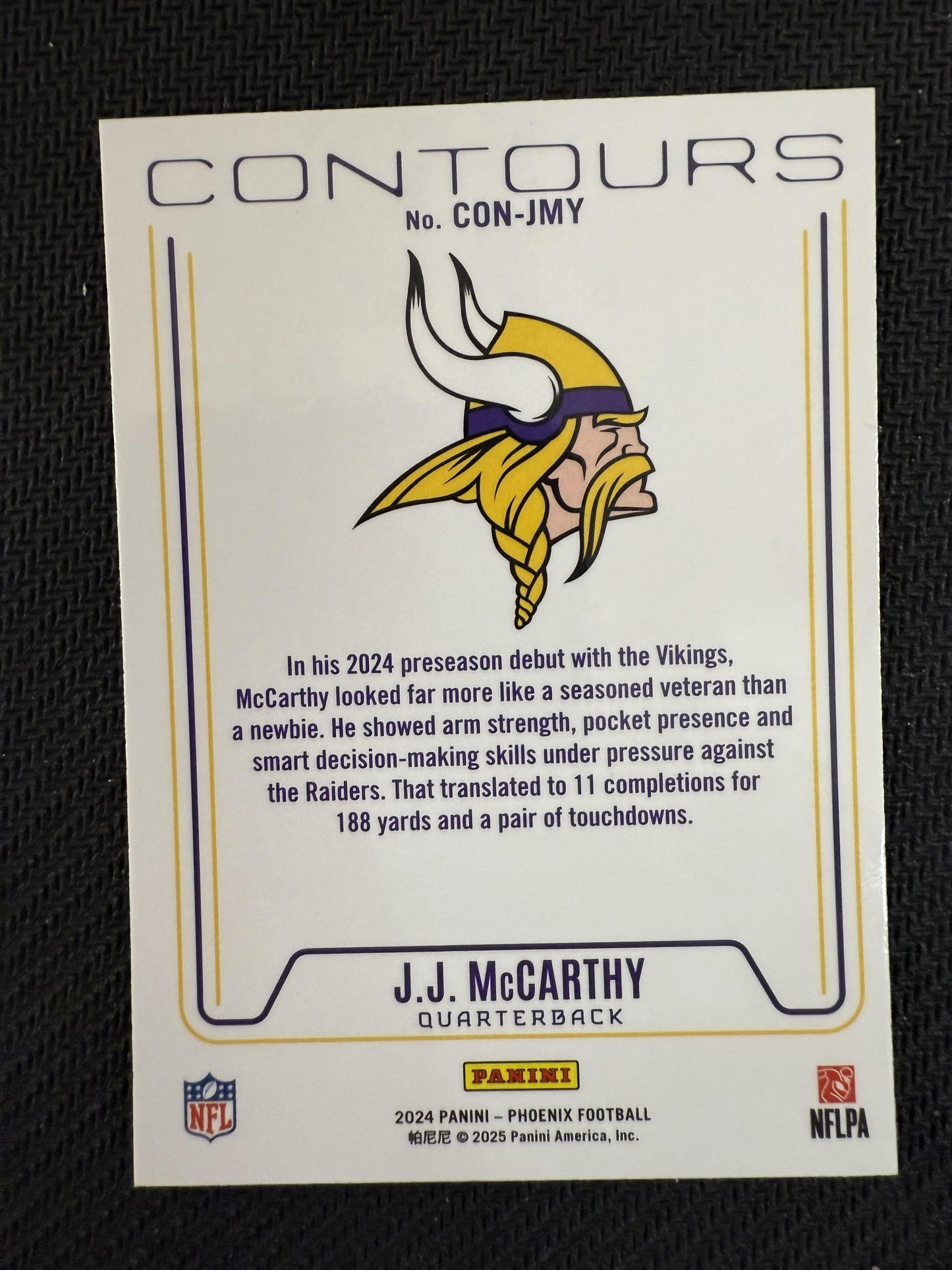 #CON-JMY J.J. McCarthy 2024 Panini Phoenix Minnesota Vikings sports Contours