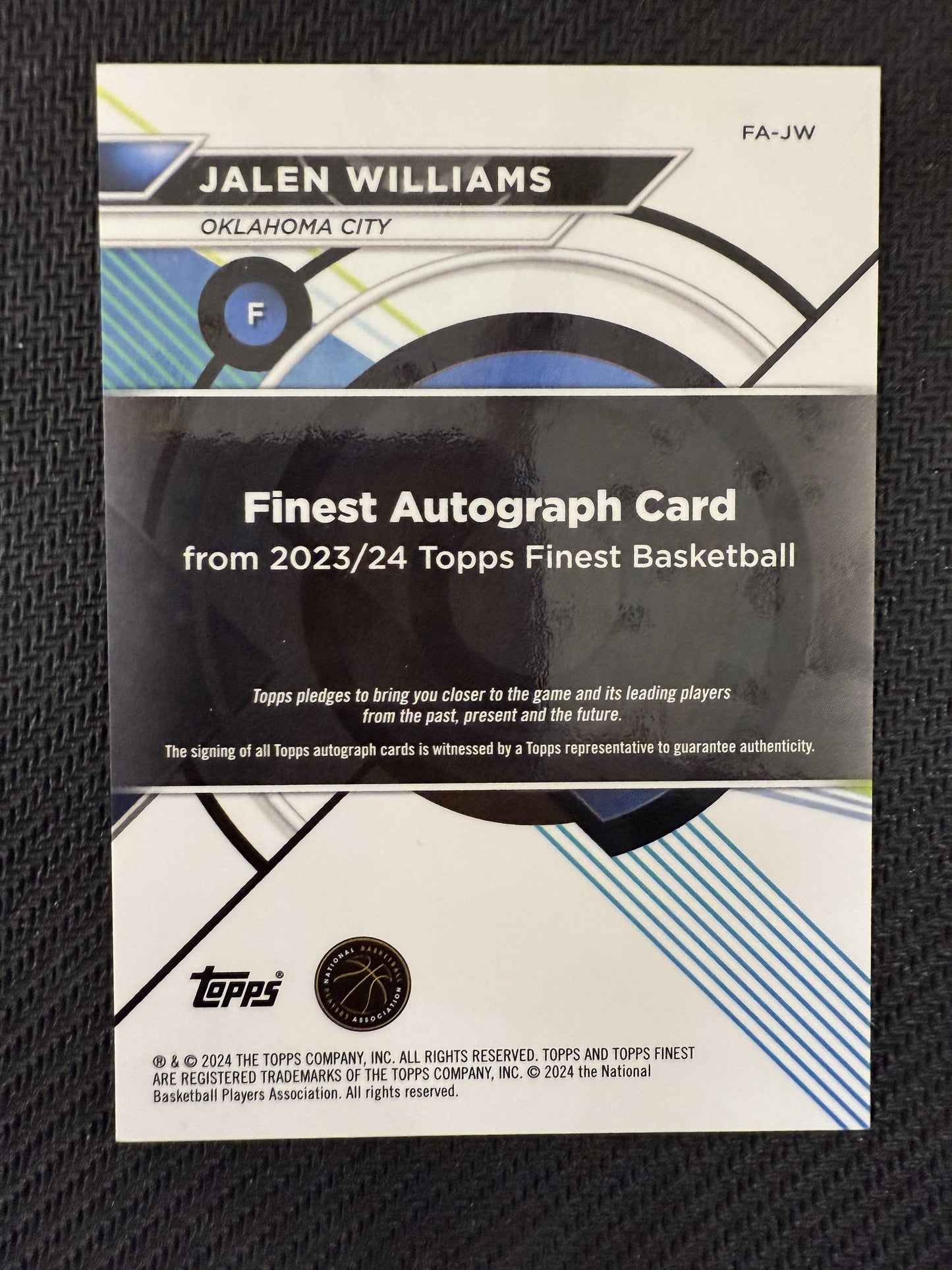 #FA-JW Jalen Williams 2024 Topps Finest Jalen Williams Autograph
