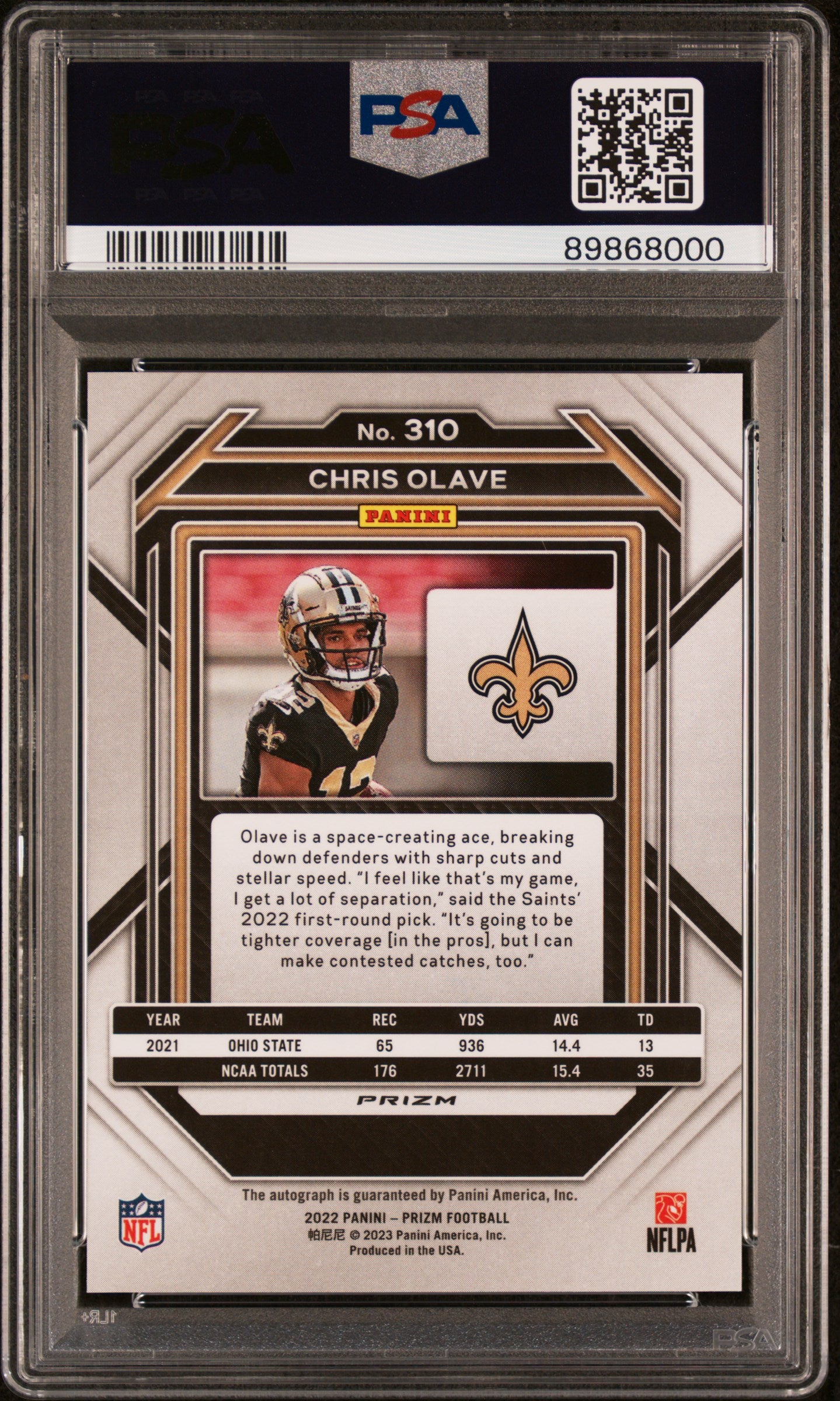 #310 Chris Olave 2022 Panini Prizm 9 MT sports Autograph
