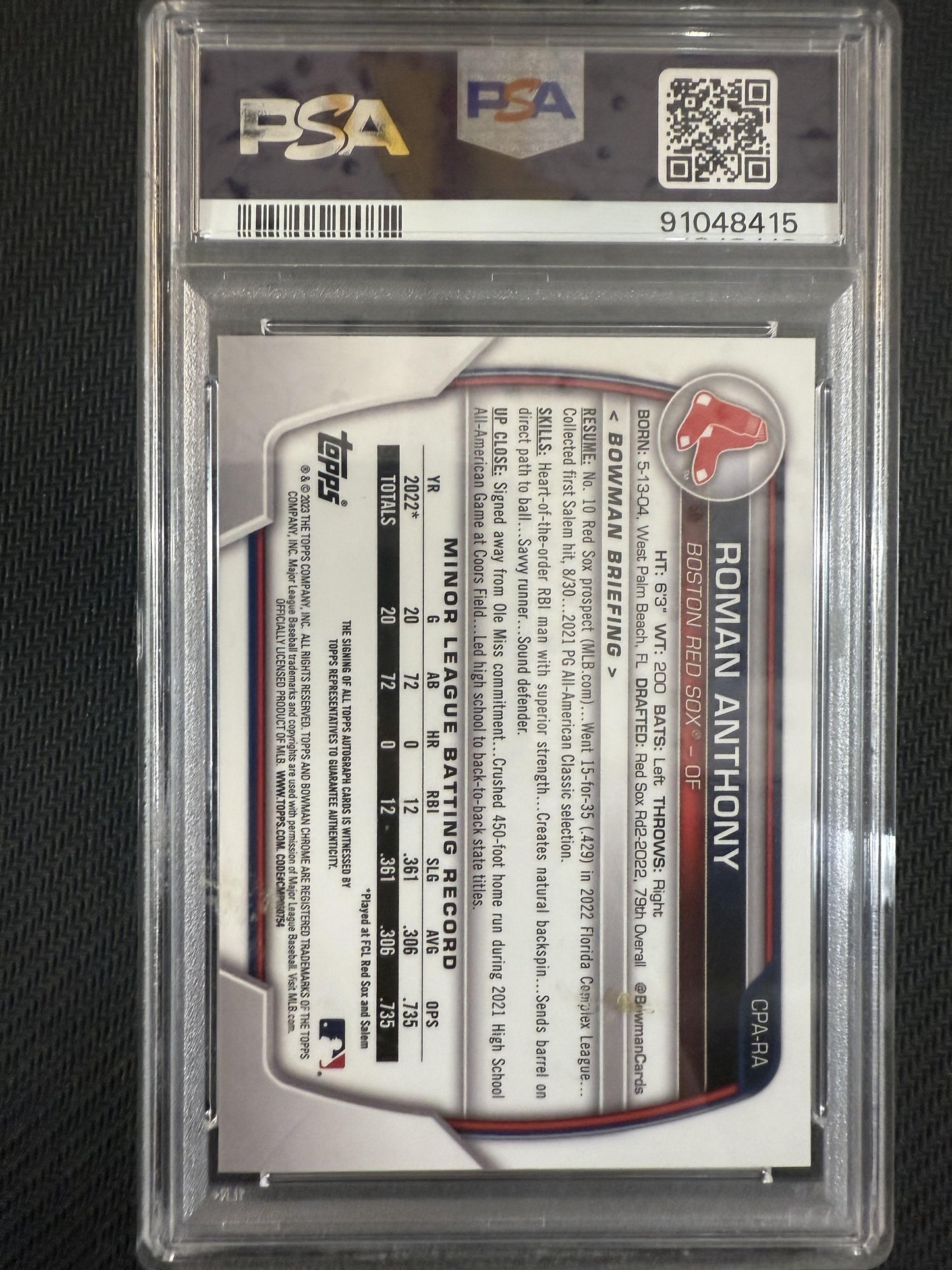 #CPA-RA Roman Anthony 2023 Bowman AU Auto Boston Red Sox Chrome Prospects Auto