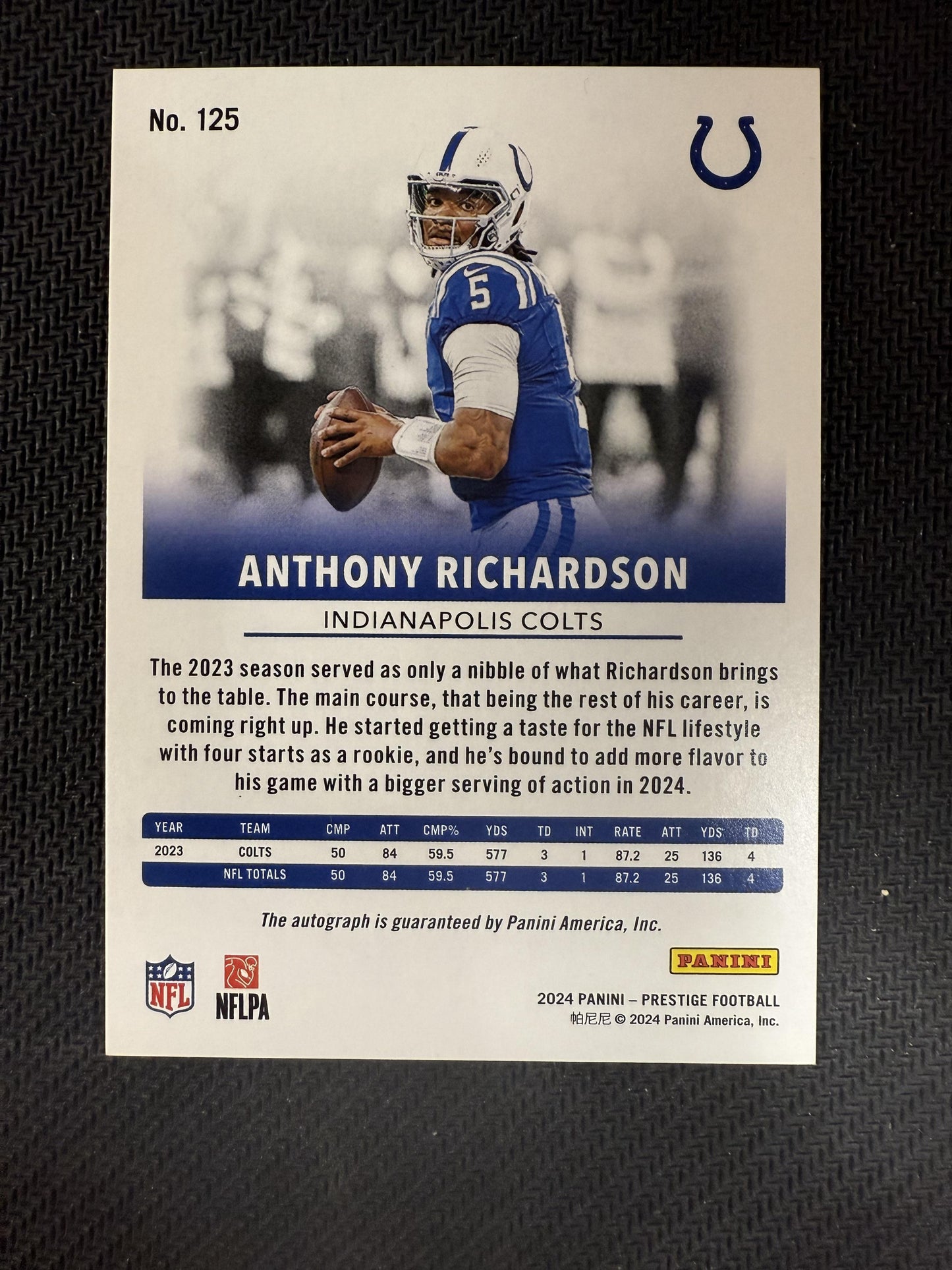 #125 Anthony Richardson 2024 Panini Prestige Auto /99 Xtra Signatures Blue