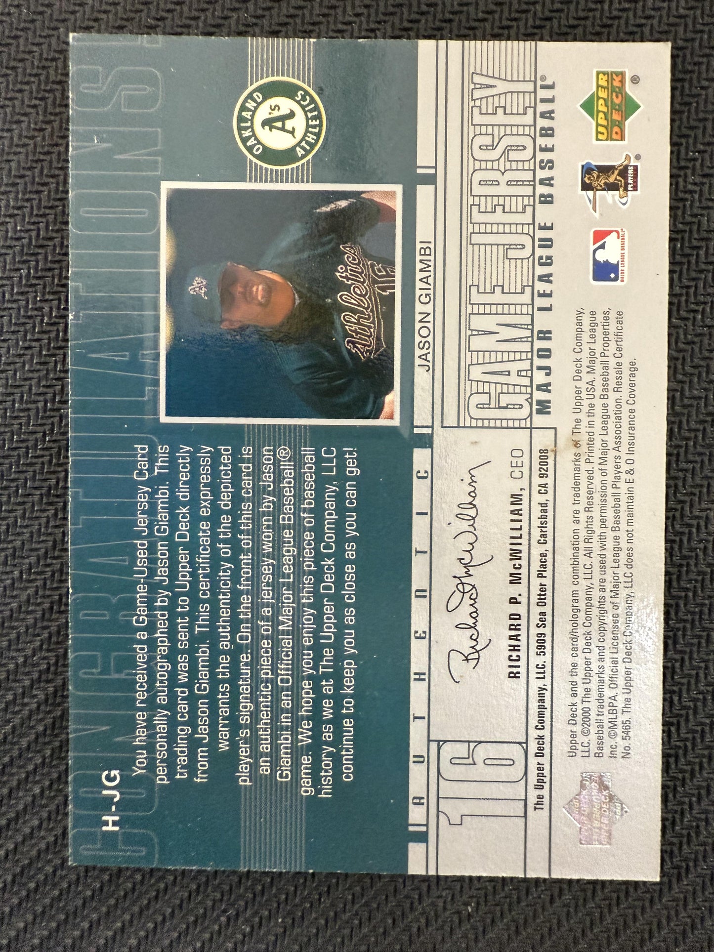 # H-JG Jason Giambi 2000 Upper Deck Signed Game Jersey