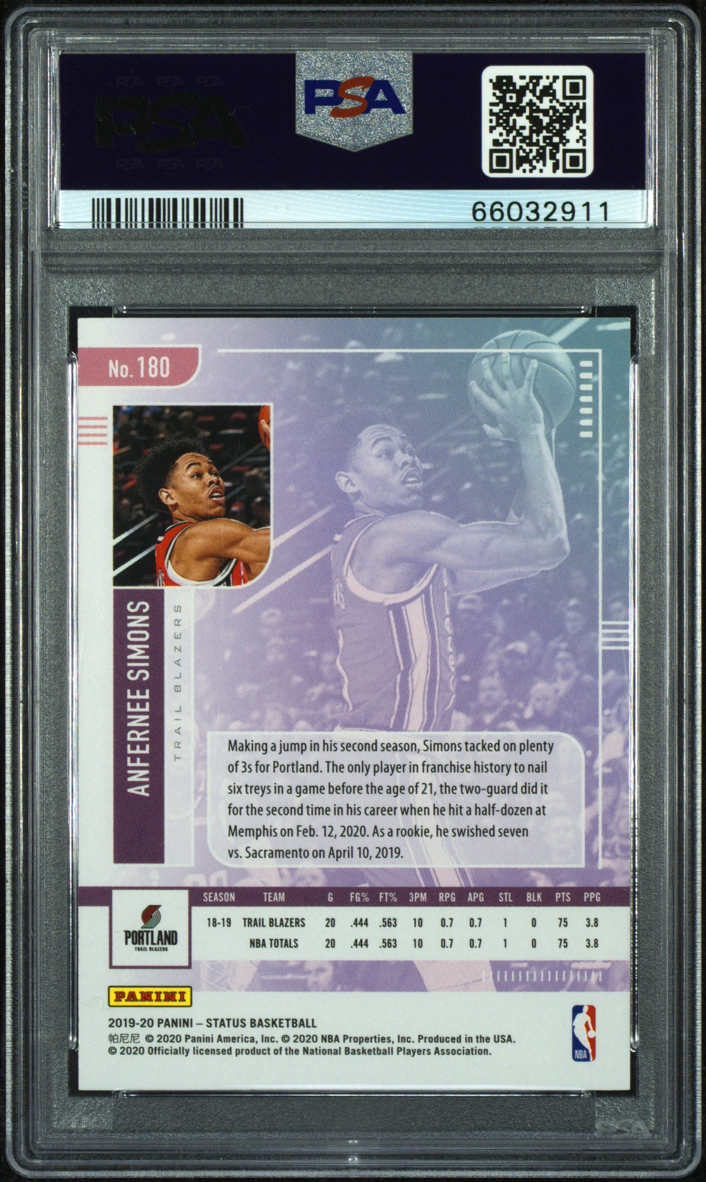 2019 Panini Status #180 Anfernee Simons Gold Fireworks PSA 9