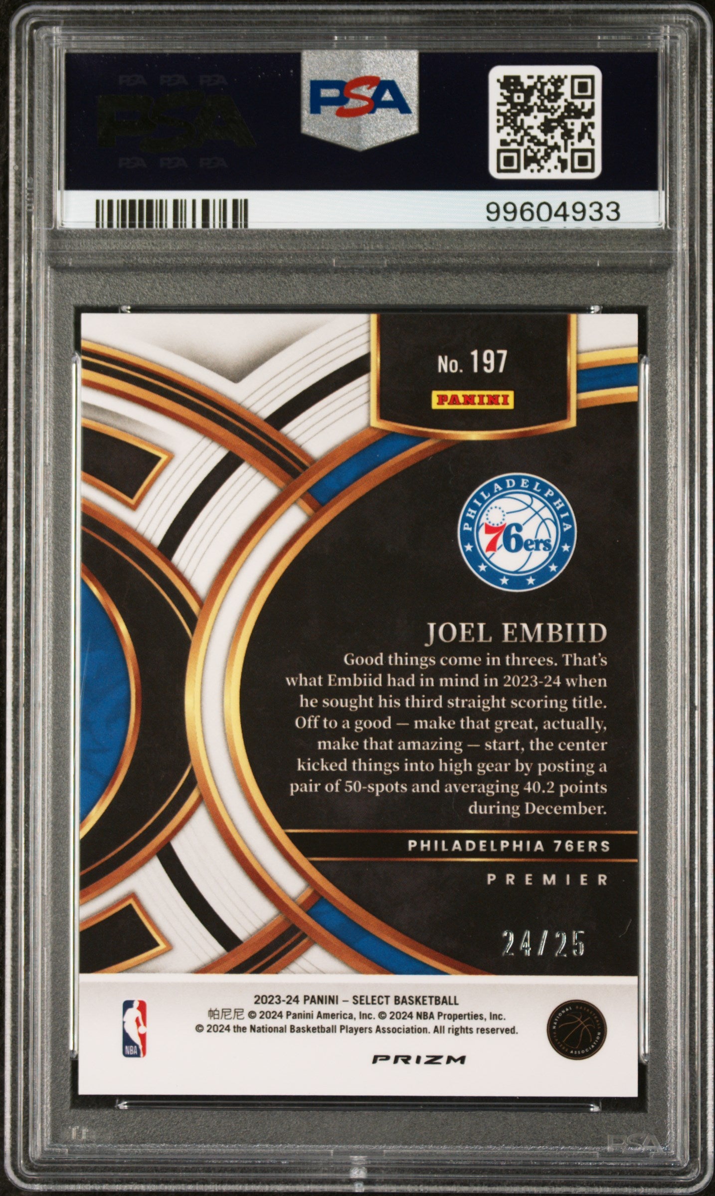 #197 Joel Embiid 2023-24 Panini Select SN #/25 10 Philadelphia 76ers Blue Disco