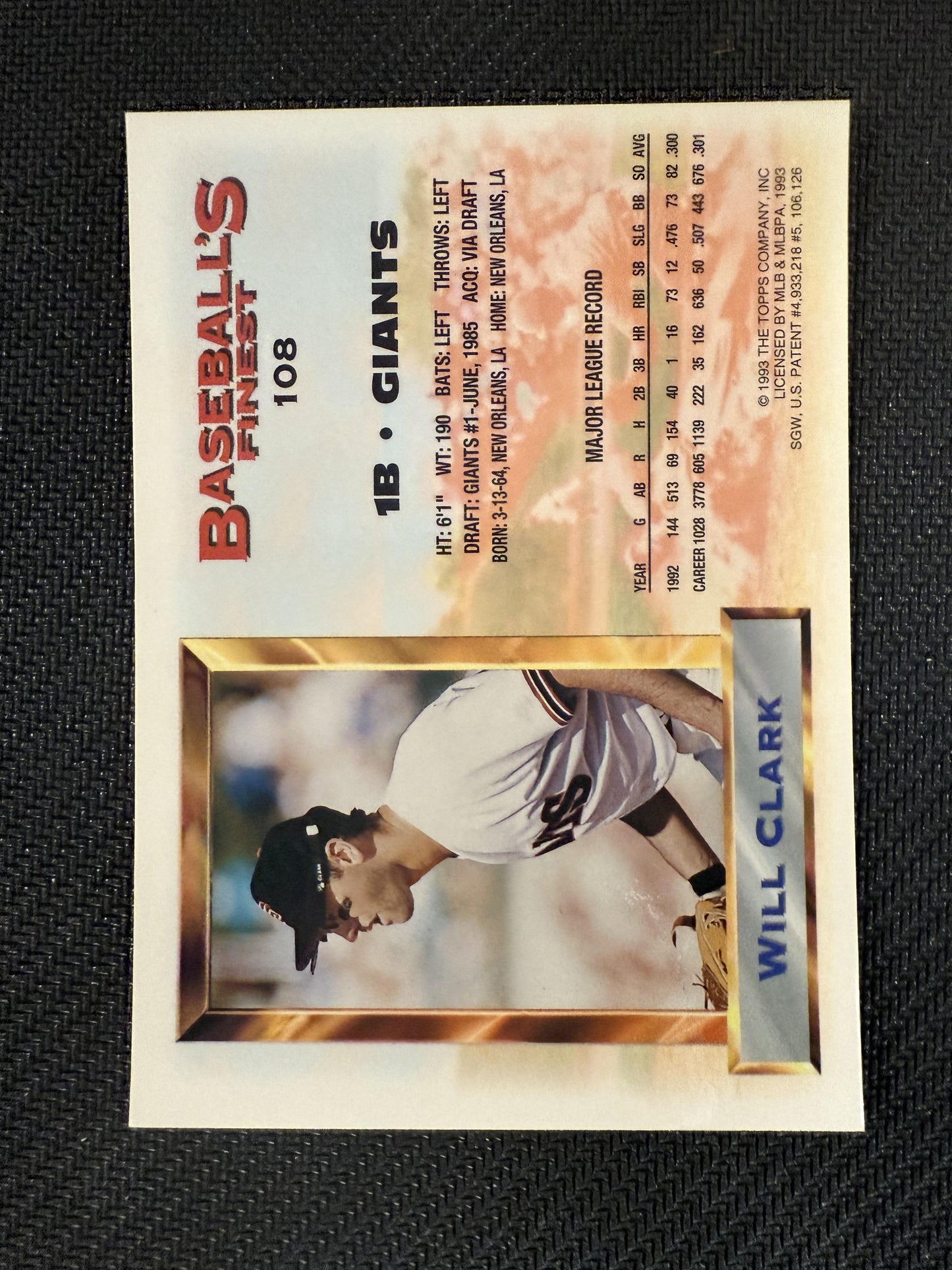 #108 Will Clark 1993 Finest San Francisco Giants sports Refractors