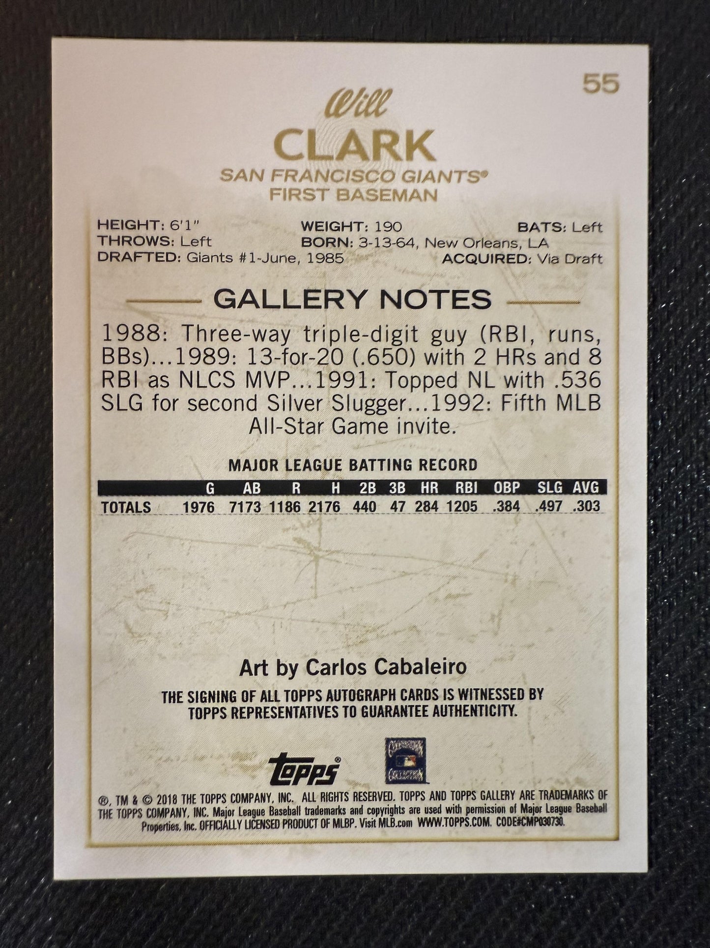 #55 Will Clark 2018 Topps Gallery AU Auto San Francisco Giants sports Autographs