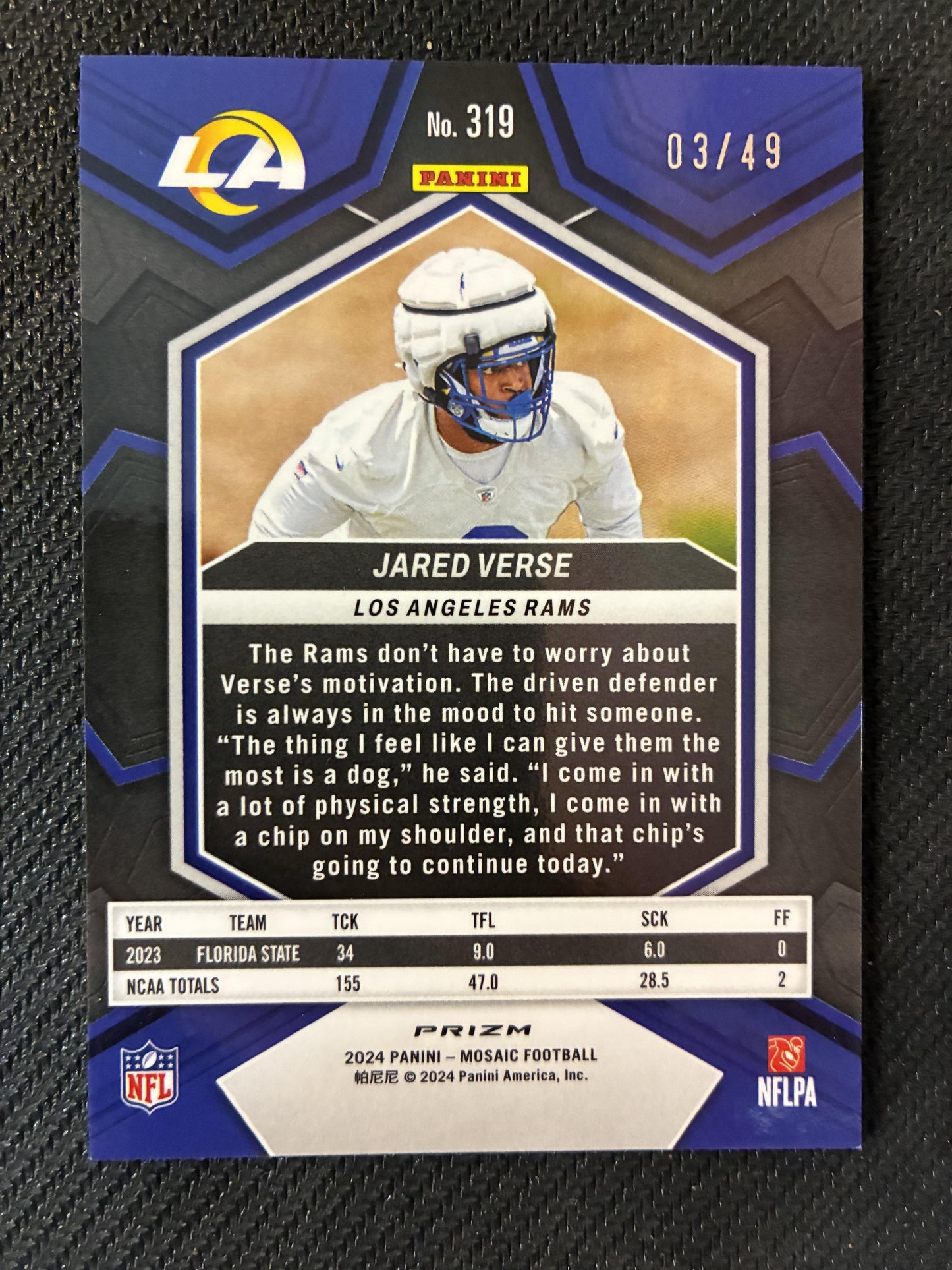 #319 Jared Verse 2024 Panini Mosaic SN #/49 Los Angeles Rams Purple