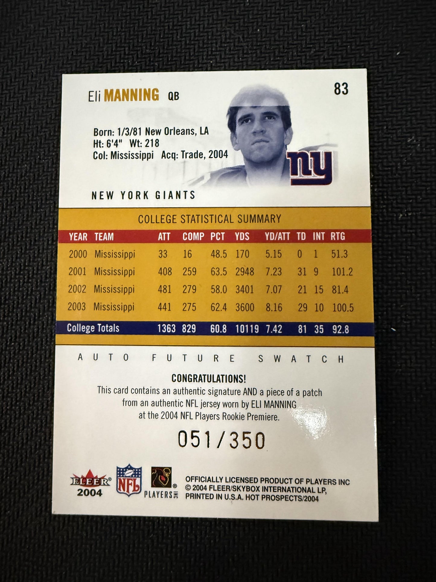 #83 Eli Manning 2004 Fleer Hot Prospects AU,SN,MEM,RC Rookie Auto #/350 Giants