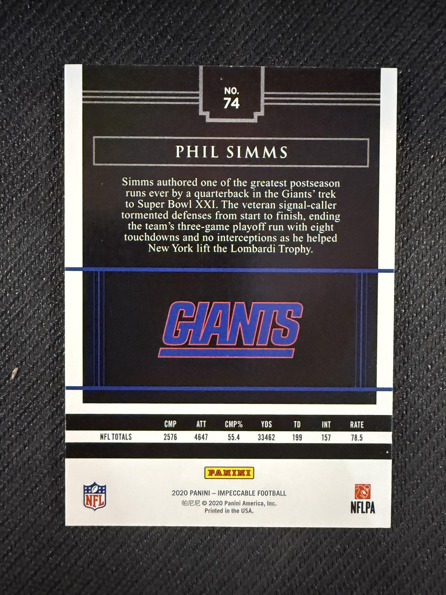 #74 Phil Simms 2020 Panini Impeccable SN #/8 New York Giants sports Ruby