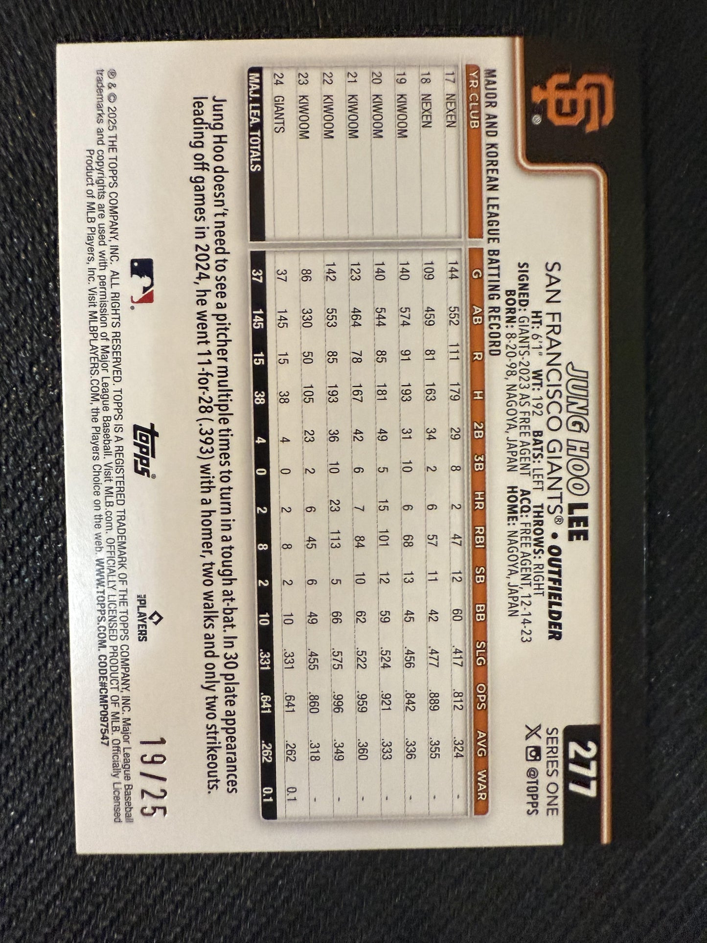 #277 Jung Hoo Lee 2025 Topps SN San Francisco Giants sports Orange Diamante