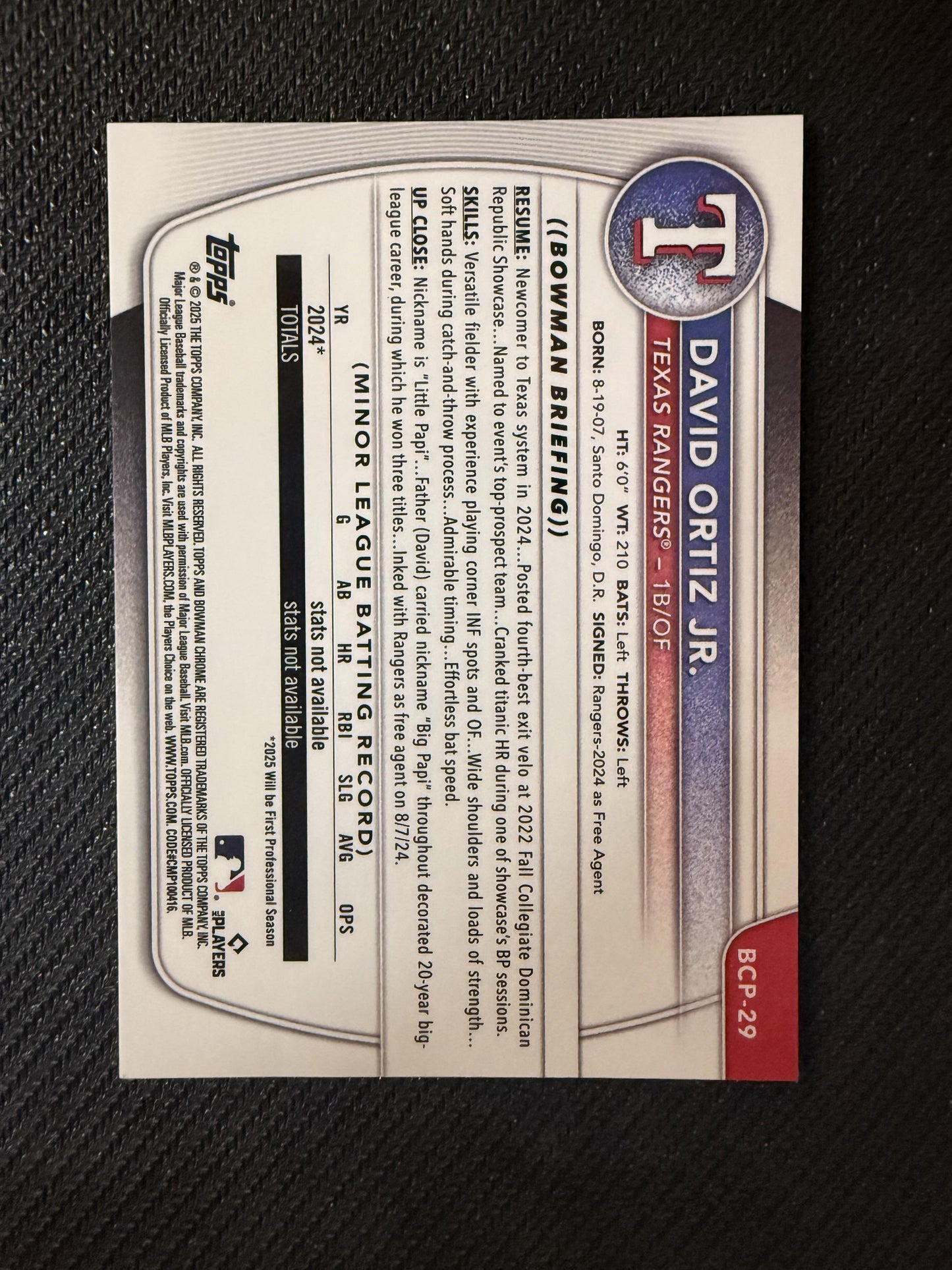 #BCP-29 David Ortiz Jr. 2025 Bowman SN Texas Rangers Chrome Prospects Yellow