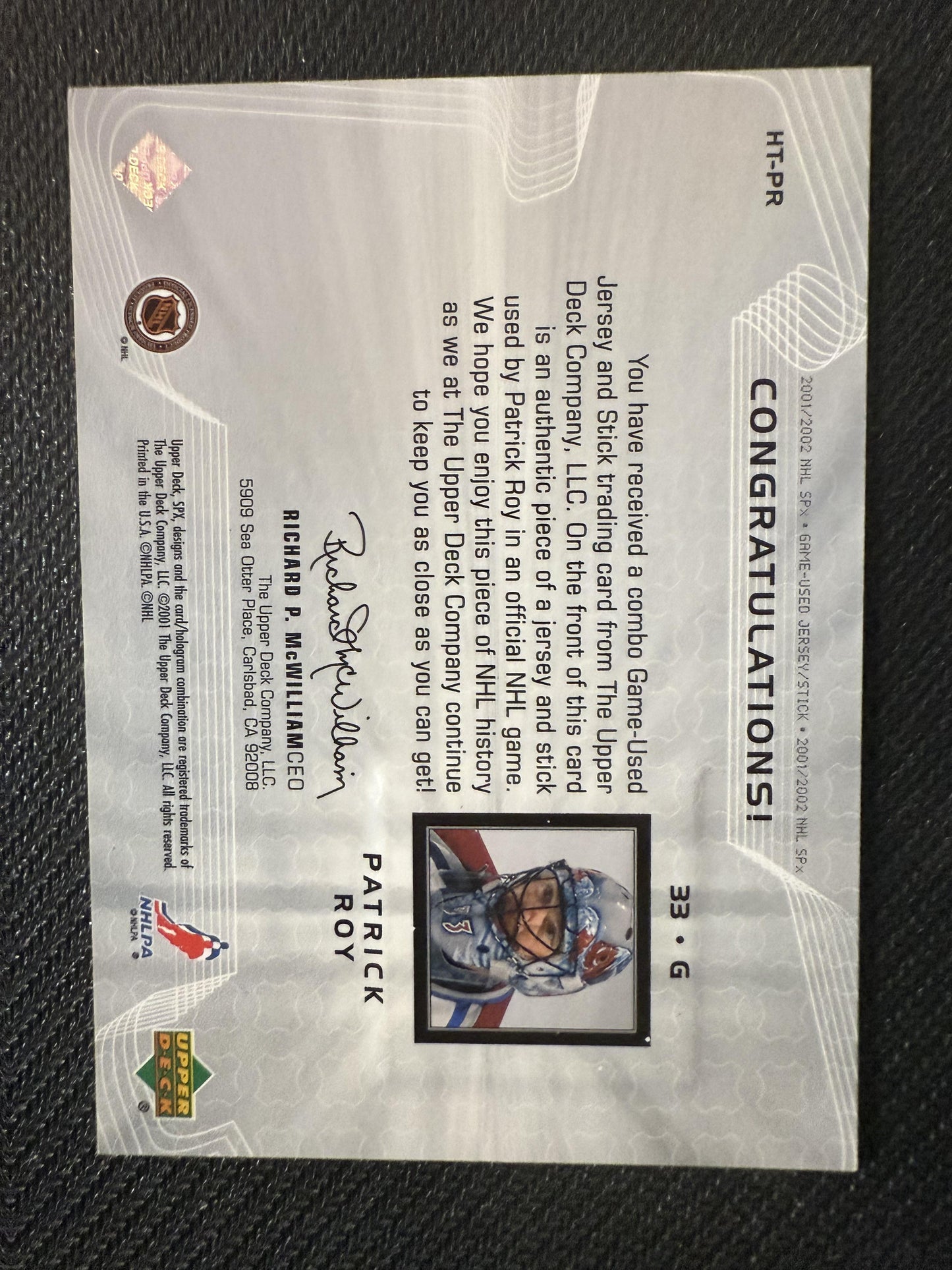 #HT-PR Patrick Roy 2001-02 SPx MEM Colorado Avalanche sports Hockey Treasures